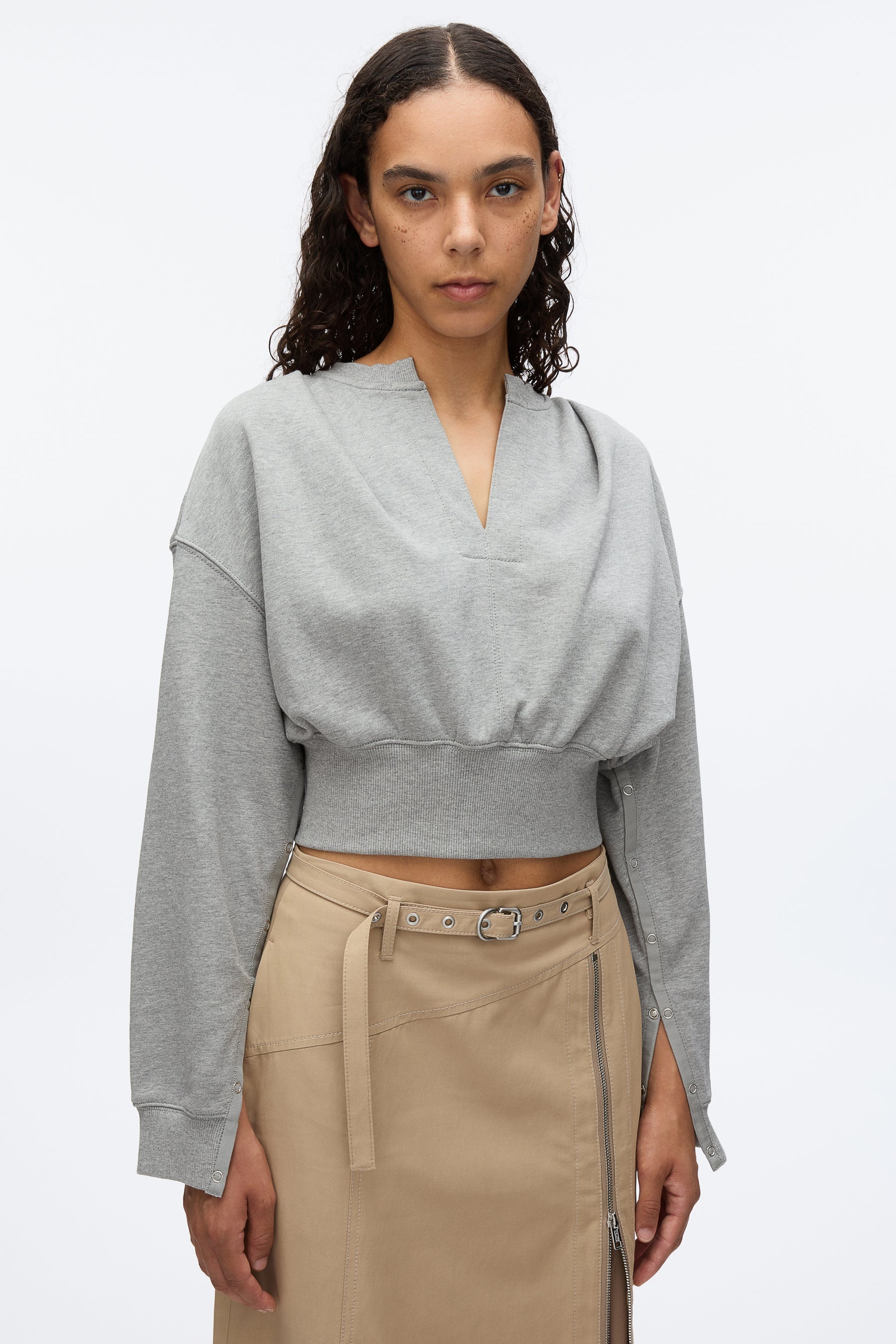 Long Sleeve Cropped Sweatshirt with Snaps - 5