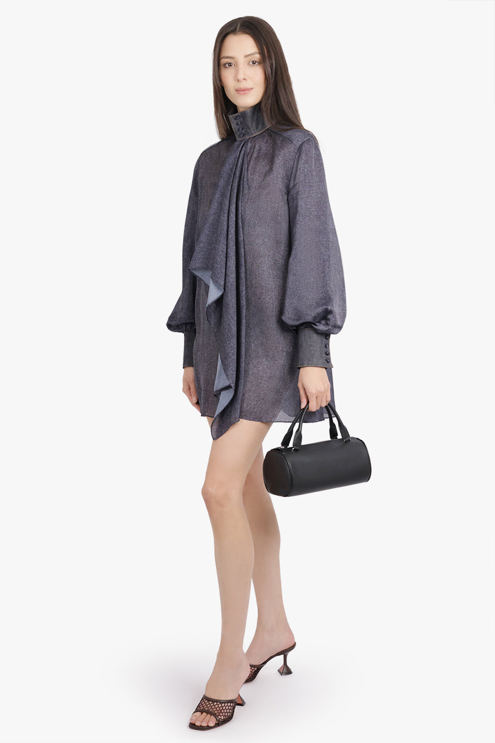 DENIM PRINT LAYERED MINI DRESS WITH HIGH NECK | INDIGO BLUE - 2