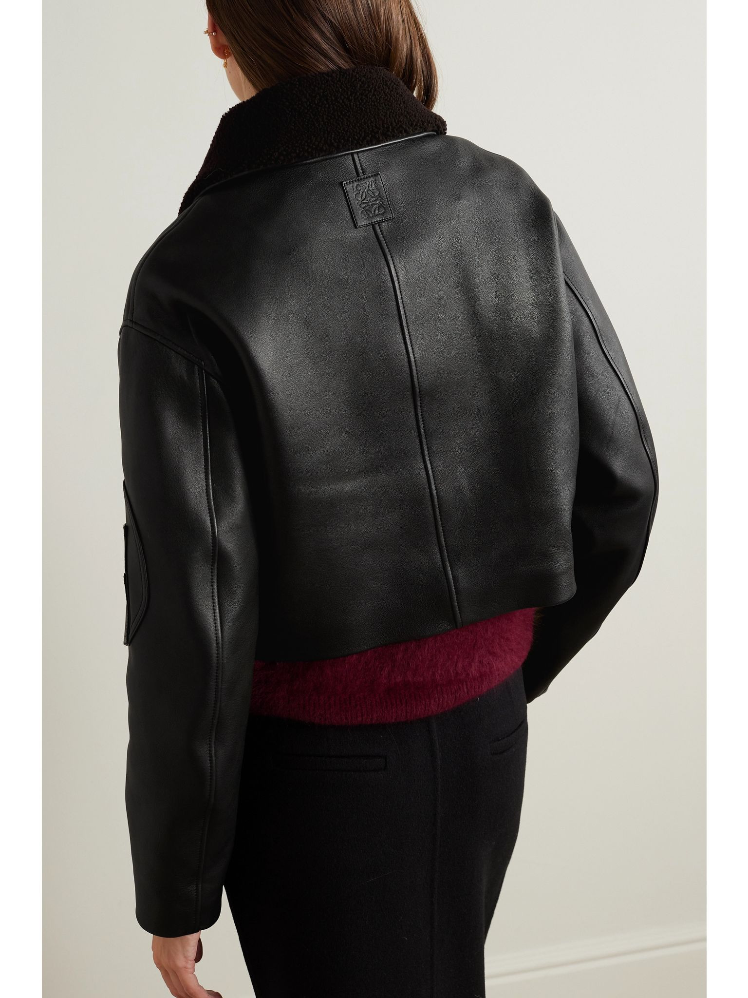 Cropped shearling-trimmed leather jacket Black - 4