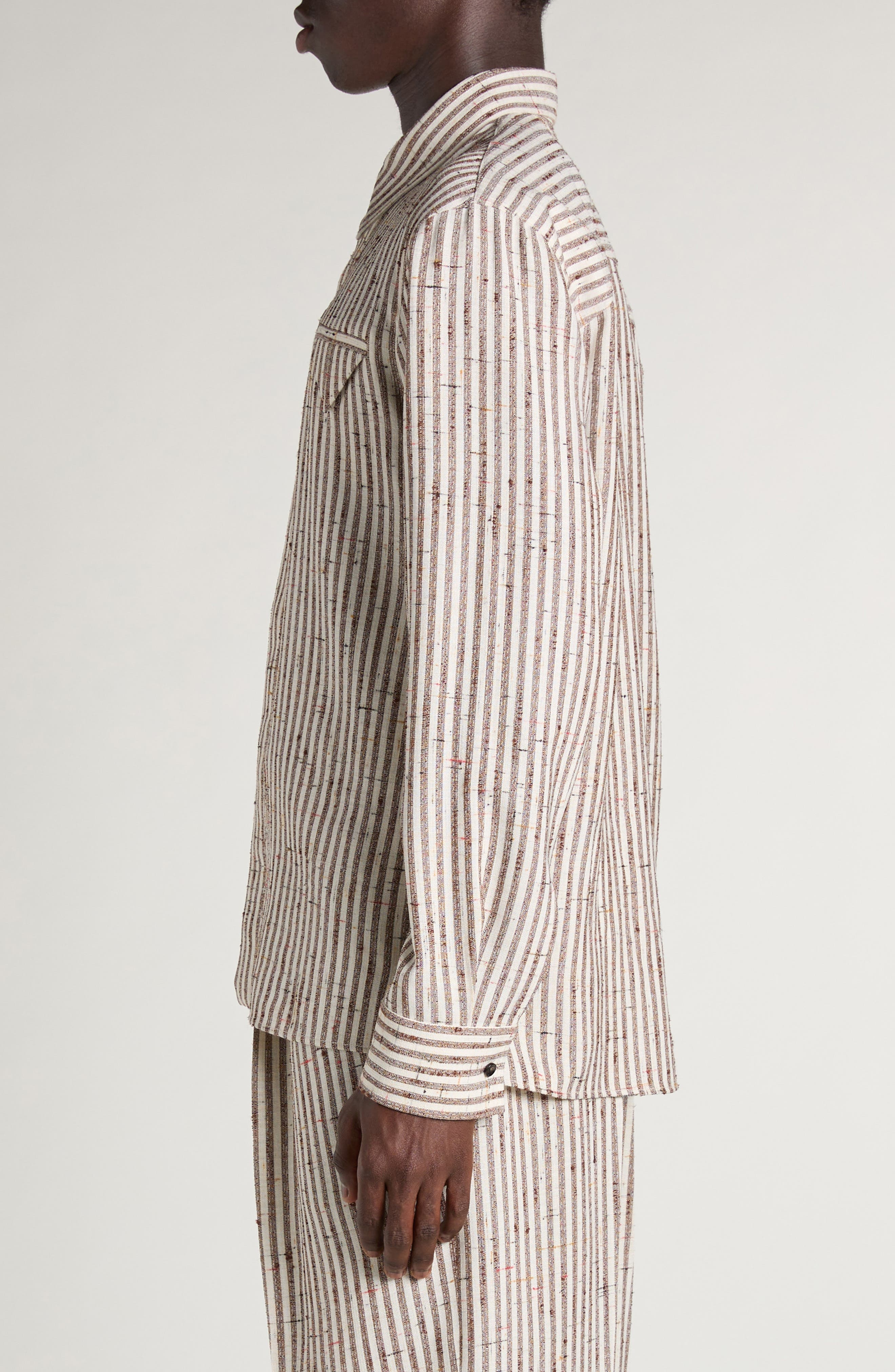 Bottega Veneta Flecked Stripe Button-Up Shirt in 9236 Talc/Loam at Nordstrom - 3