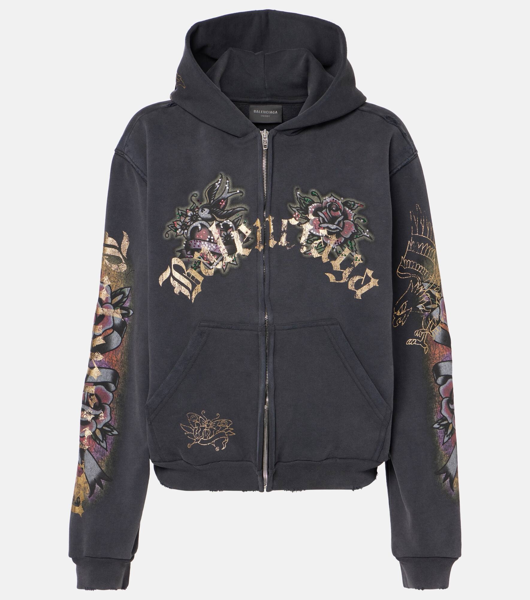 Tacky Tattoo distressed cotton fleece hoodie - 1