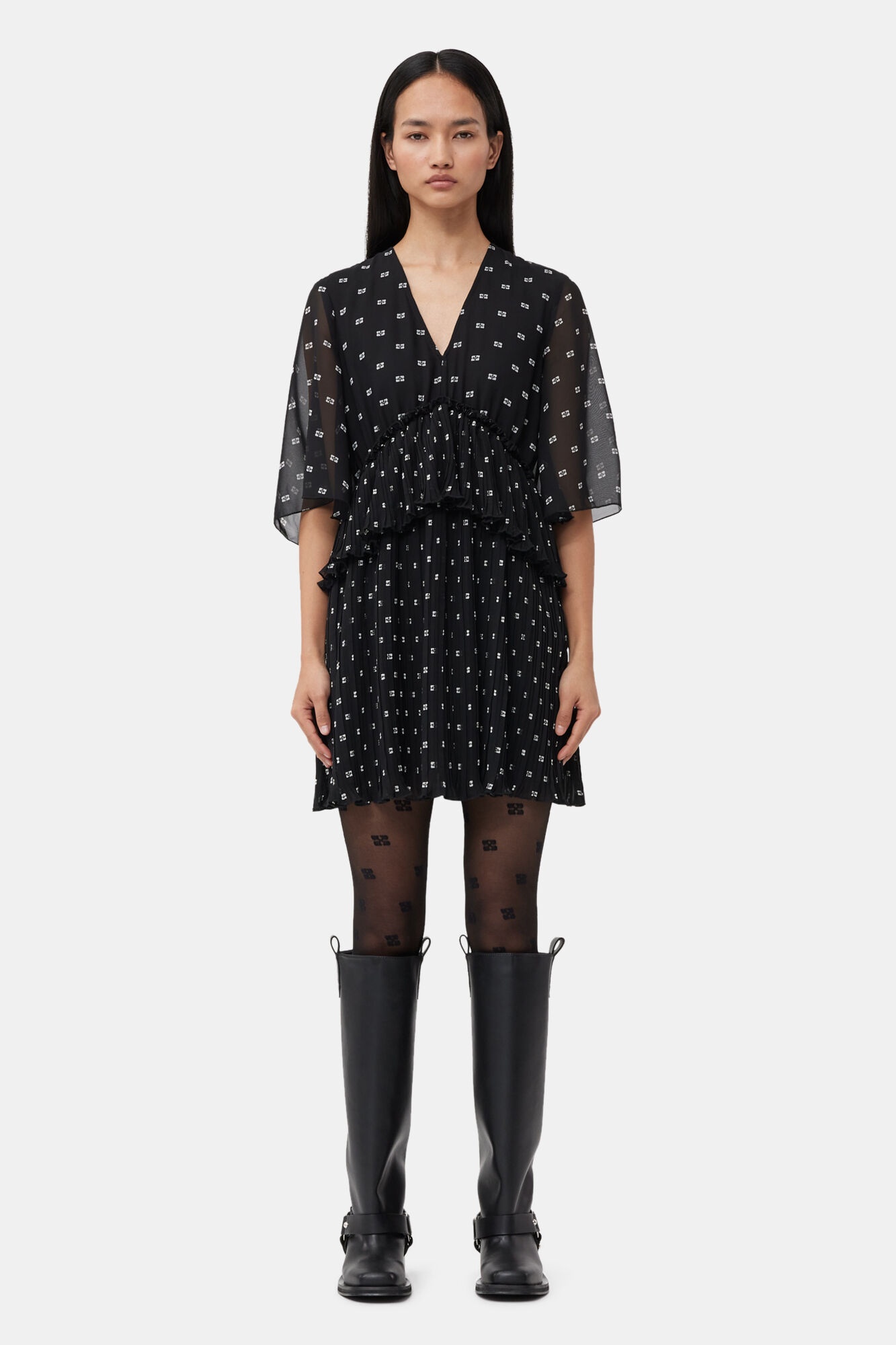 BLACK PLEATED GEORGETTE V-NECK FLOUNCE MINI DRESS - 2
