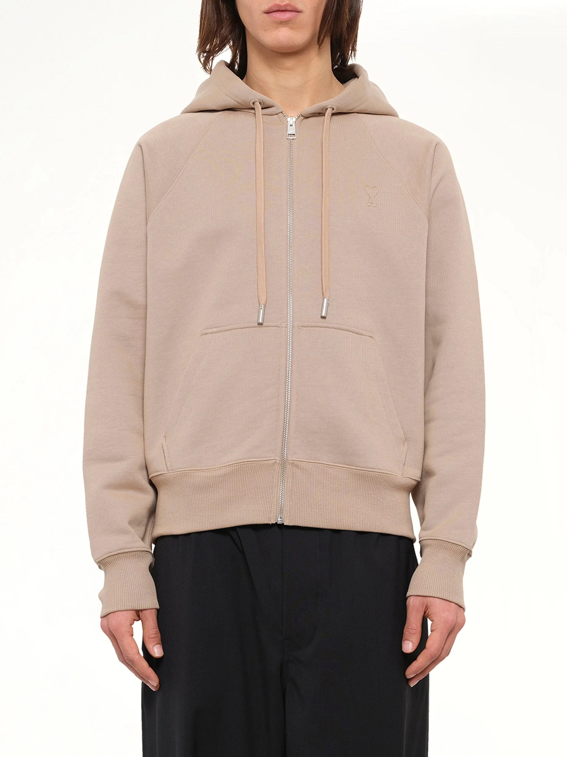 Tonal Embossed Ami De Coeur Zipped Hoodie in Beige - 1