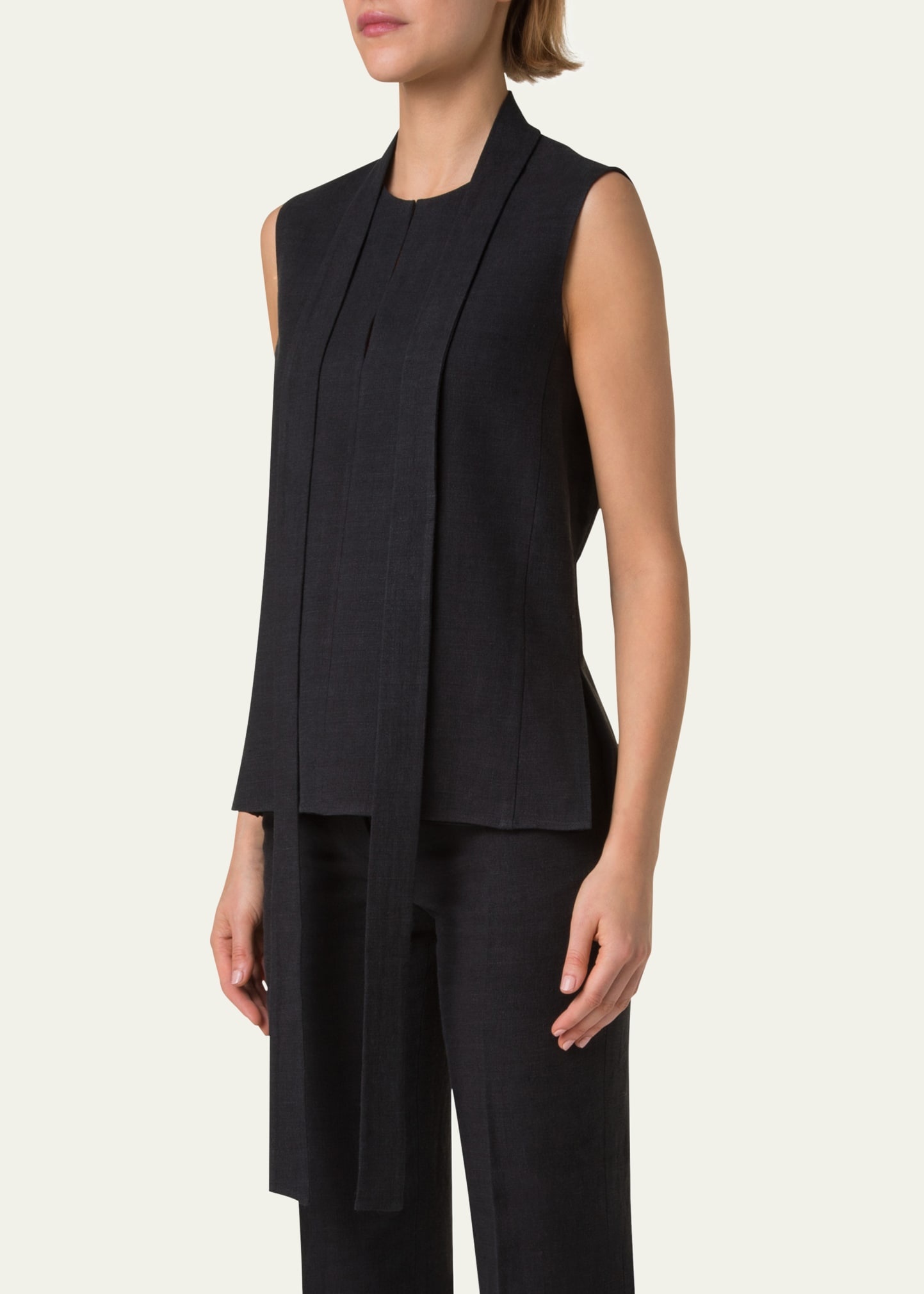 Neck-Tie Stonewash Twisted Linen-Blend Sleeveless Blouse - 4