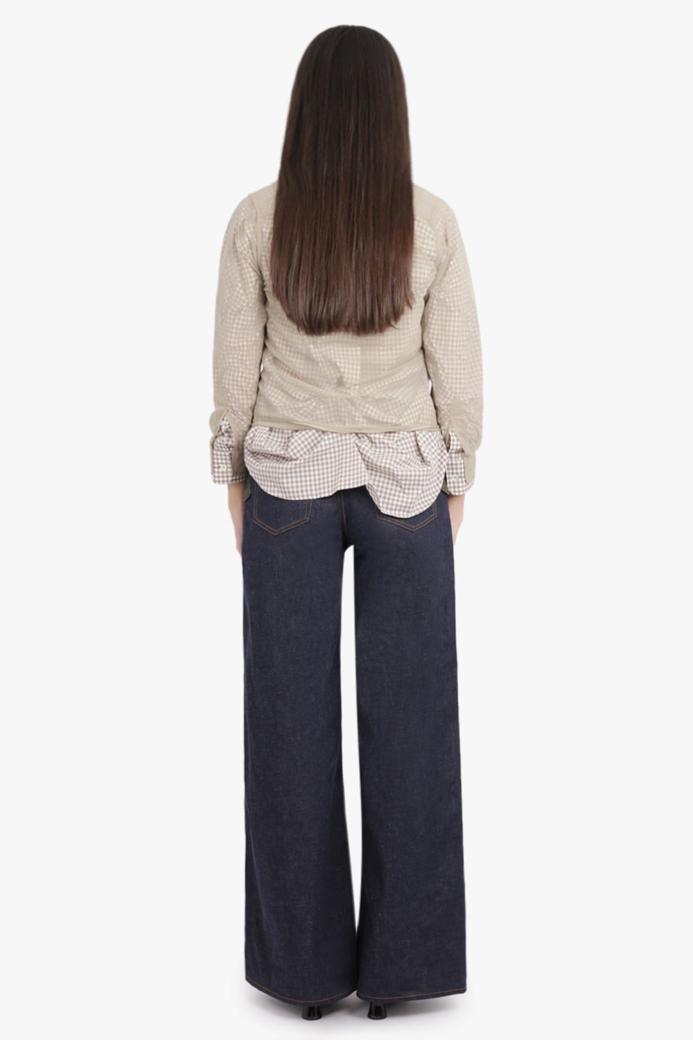 LAYERED L/S SHIRT WITH CHECK RUCHING DETAIL | CAMEL/WHITE - 5