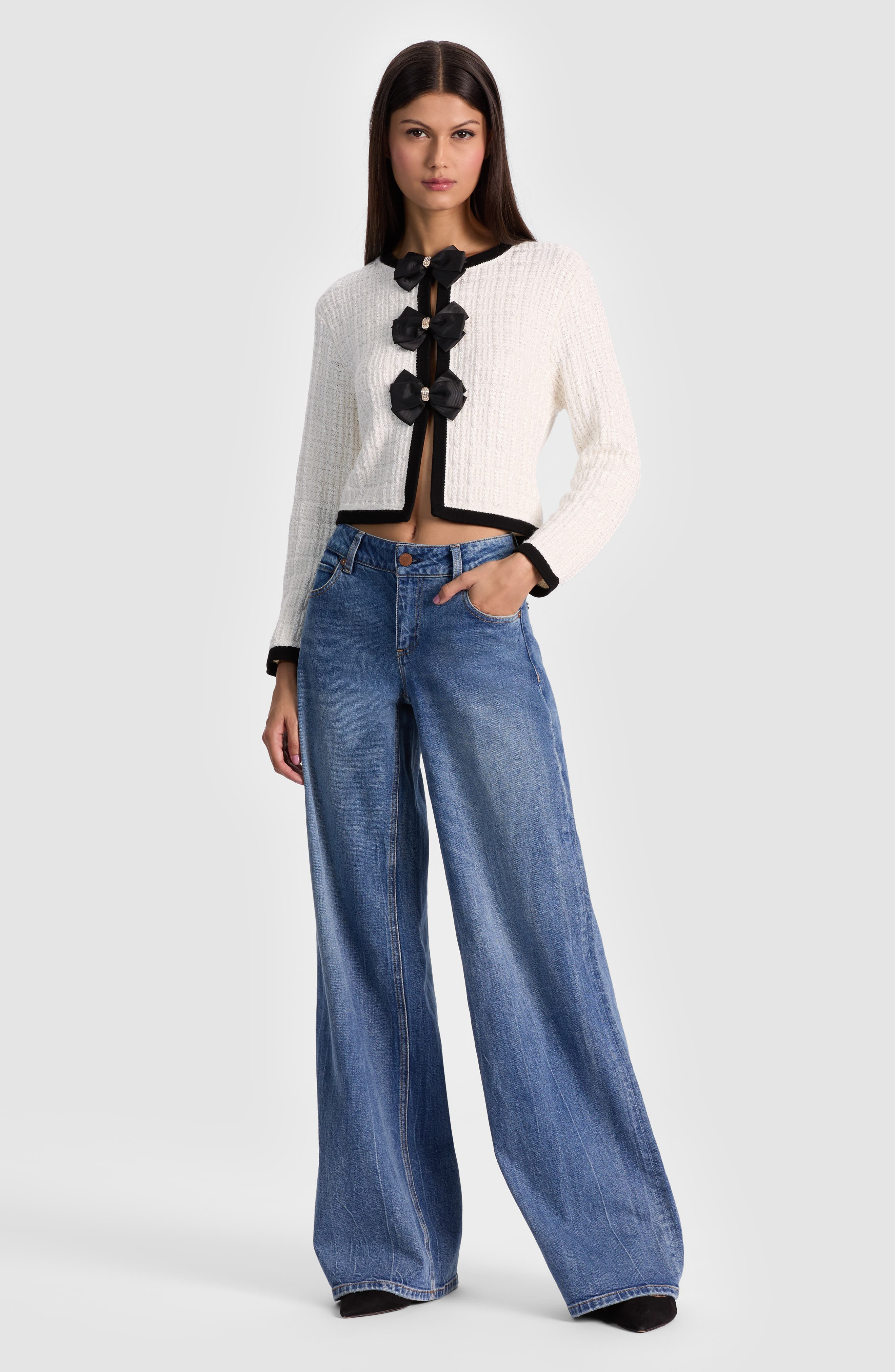 Alice + Olivia Akira Bow Cardigan in Soft White/Black at Nordstrom - 6