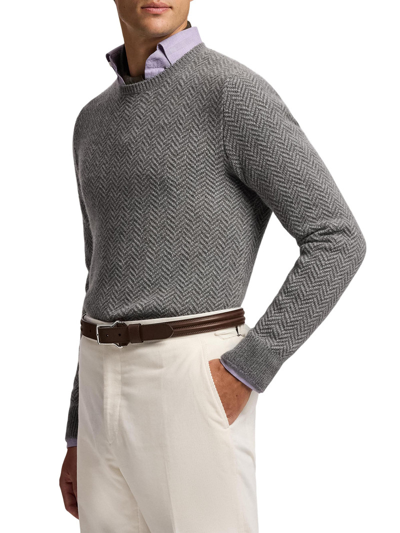 Men's Textured Herringbone Cashmere Sweater - Grey Melange 4