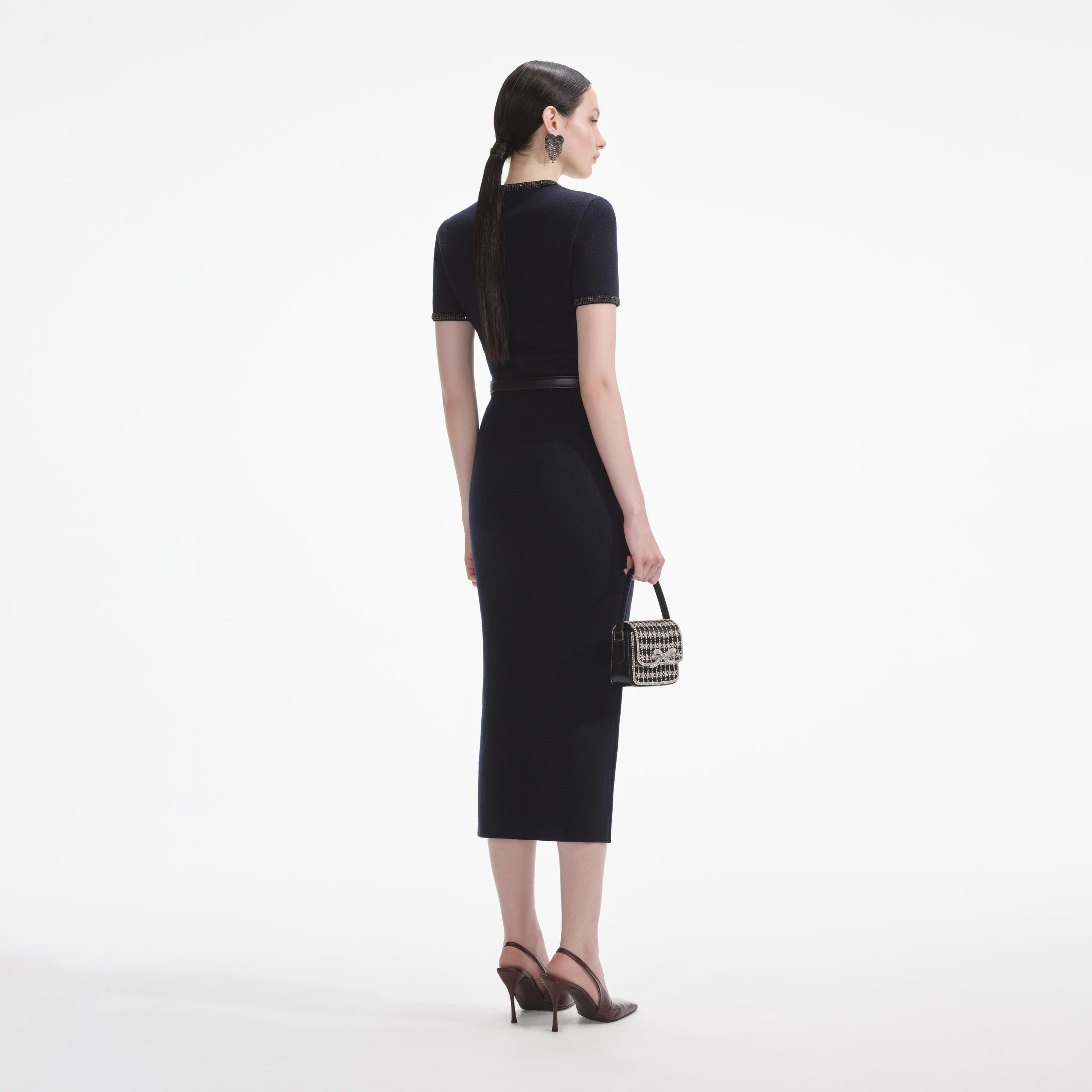 Navy Embellished Knit Midi Skirt - 3