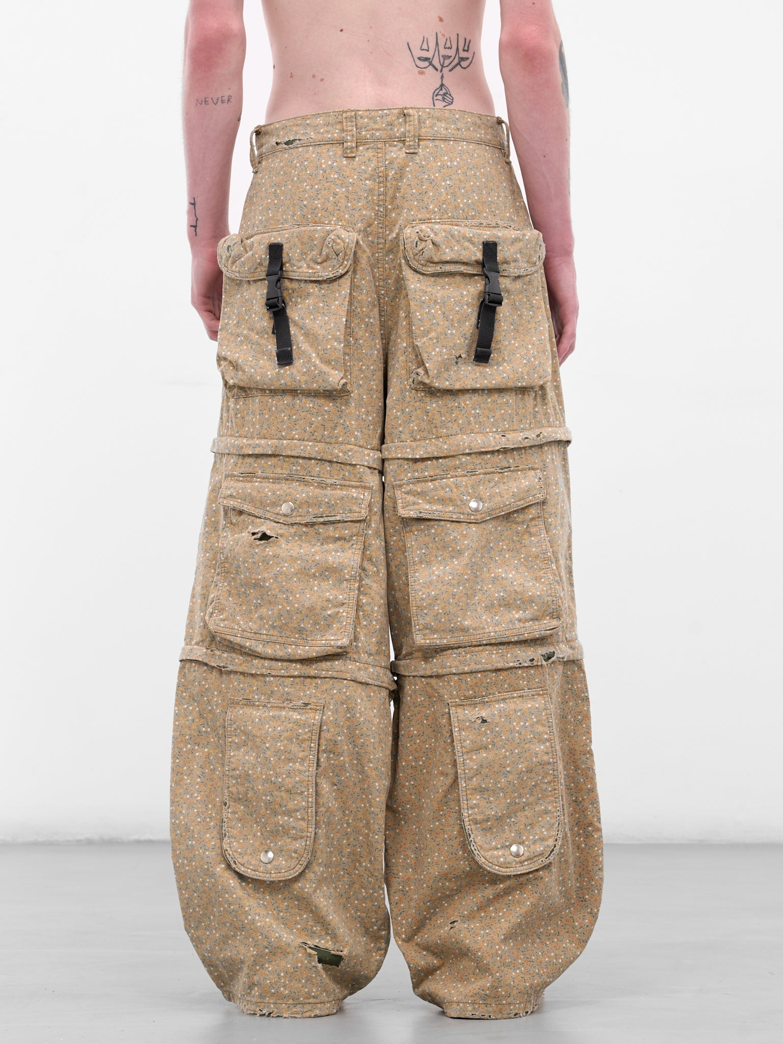 Khaki Flower Distressed Cargo Pants - 3