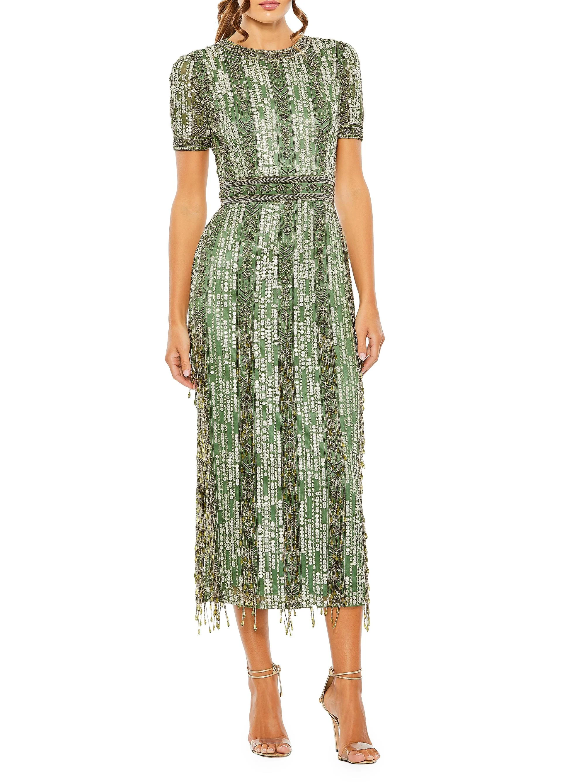 Women's Cocktail Geometric Beaded Midi-Dress - Sage - 1