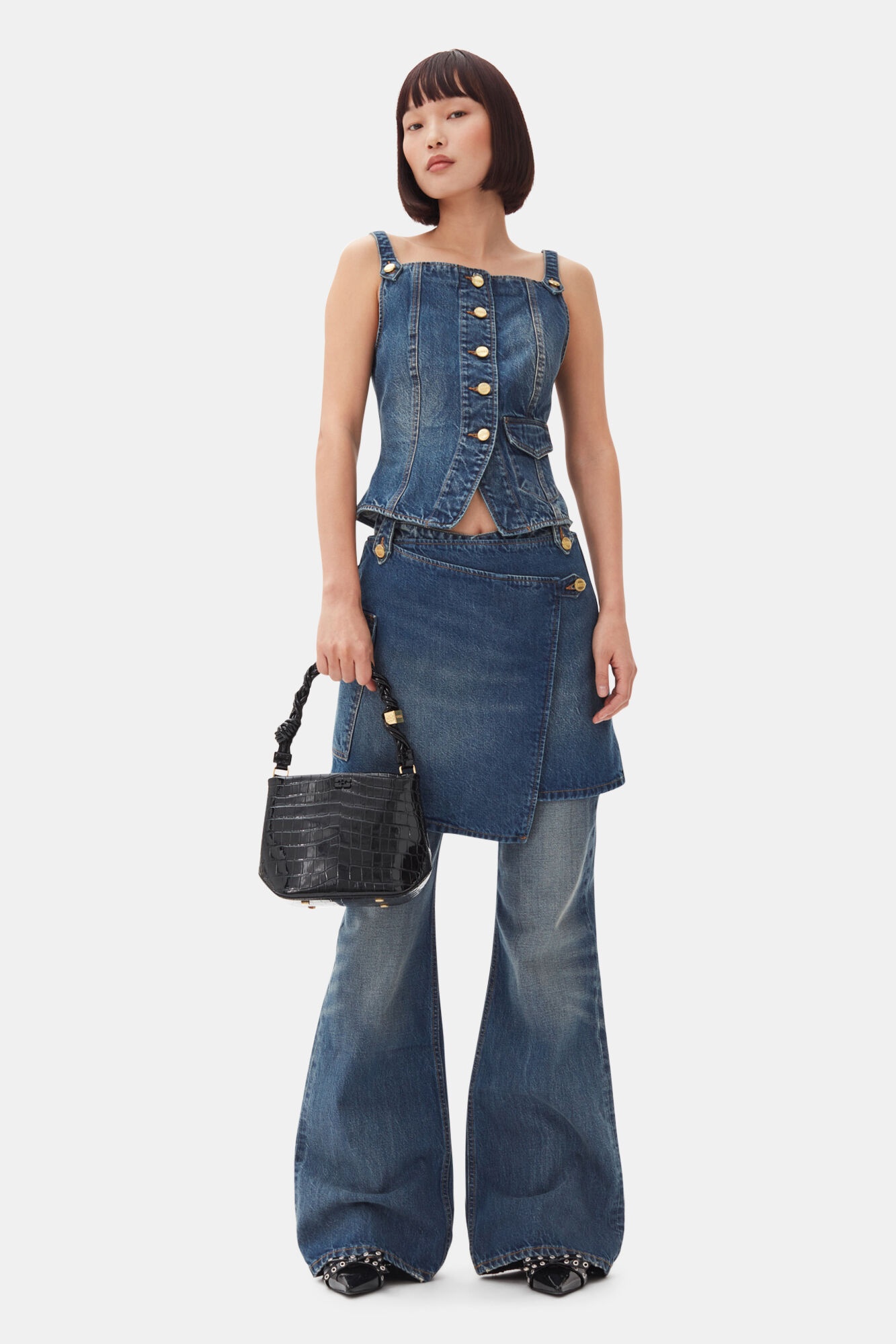 DARK BLUE HEAVY WASHED FLARED SKIRT JEANS - 2