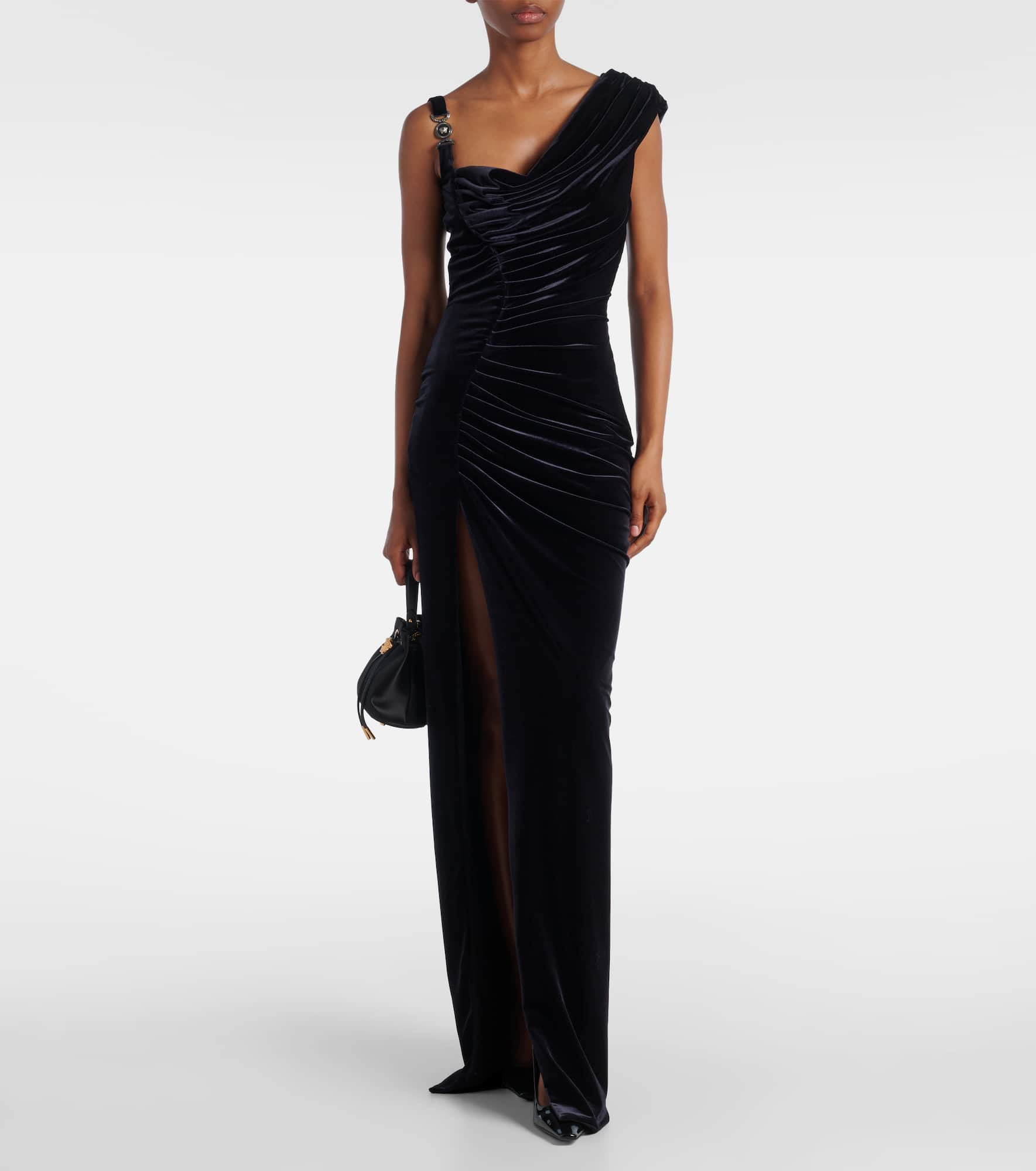 Asymmetric gathered velvet gown - 2