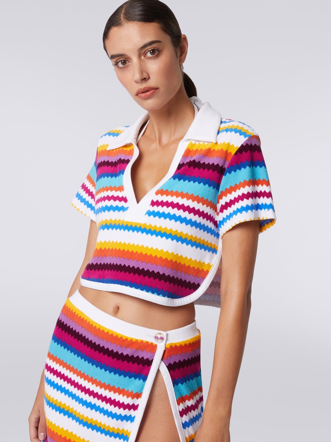 Zigzag terry polo shirt crop top - 5