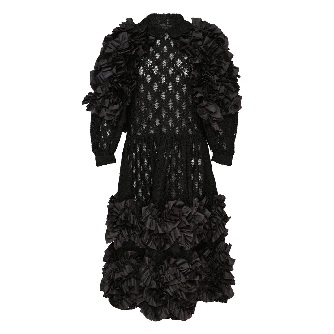 Puffed Sleeve Lace Ruffle Dress - 1