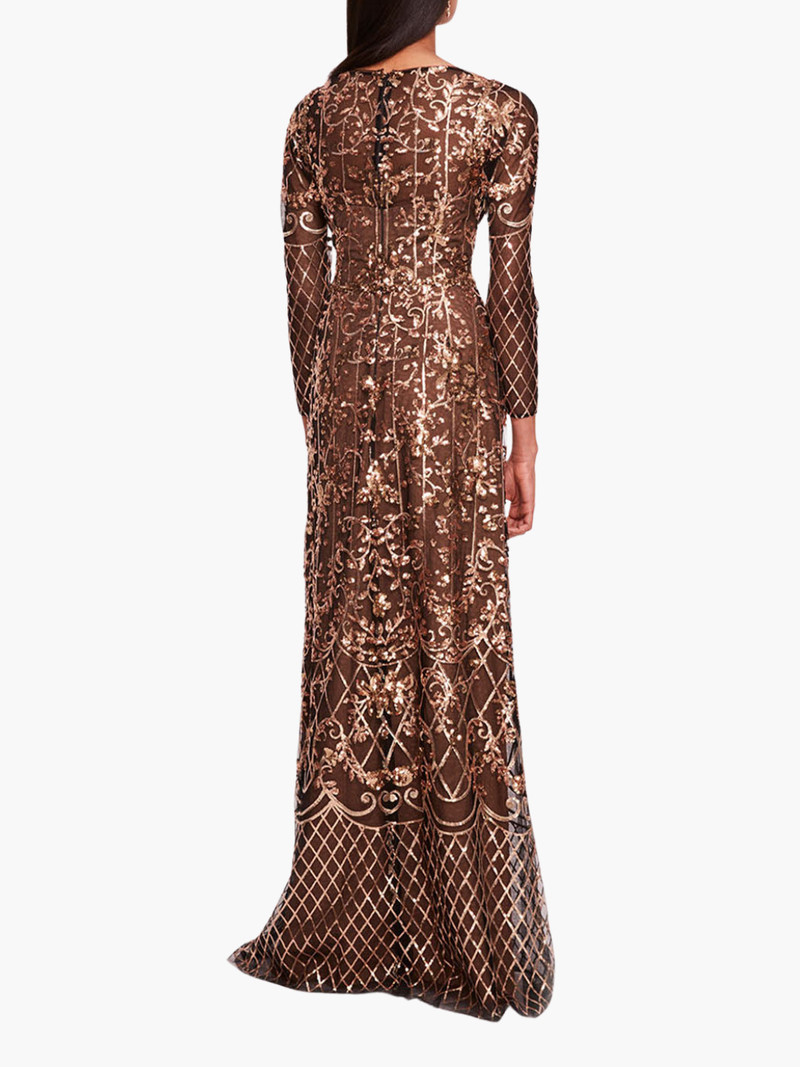 Marchesa SEQUIN LATTICE SLEEVED GOWN outlook