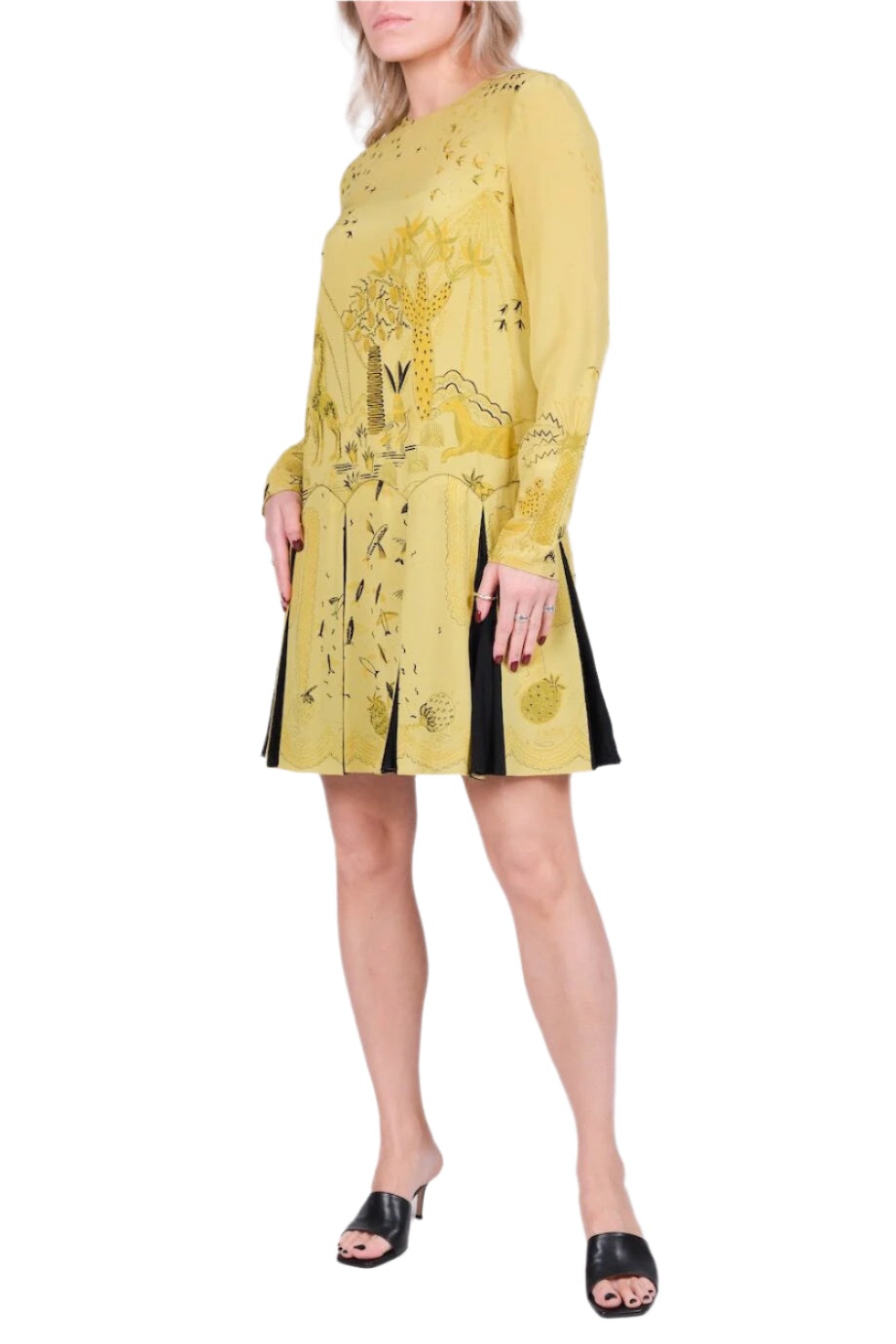 Valentino Garavani Yellow Pleated Hem Printed Dress - 3