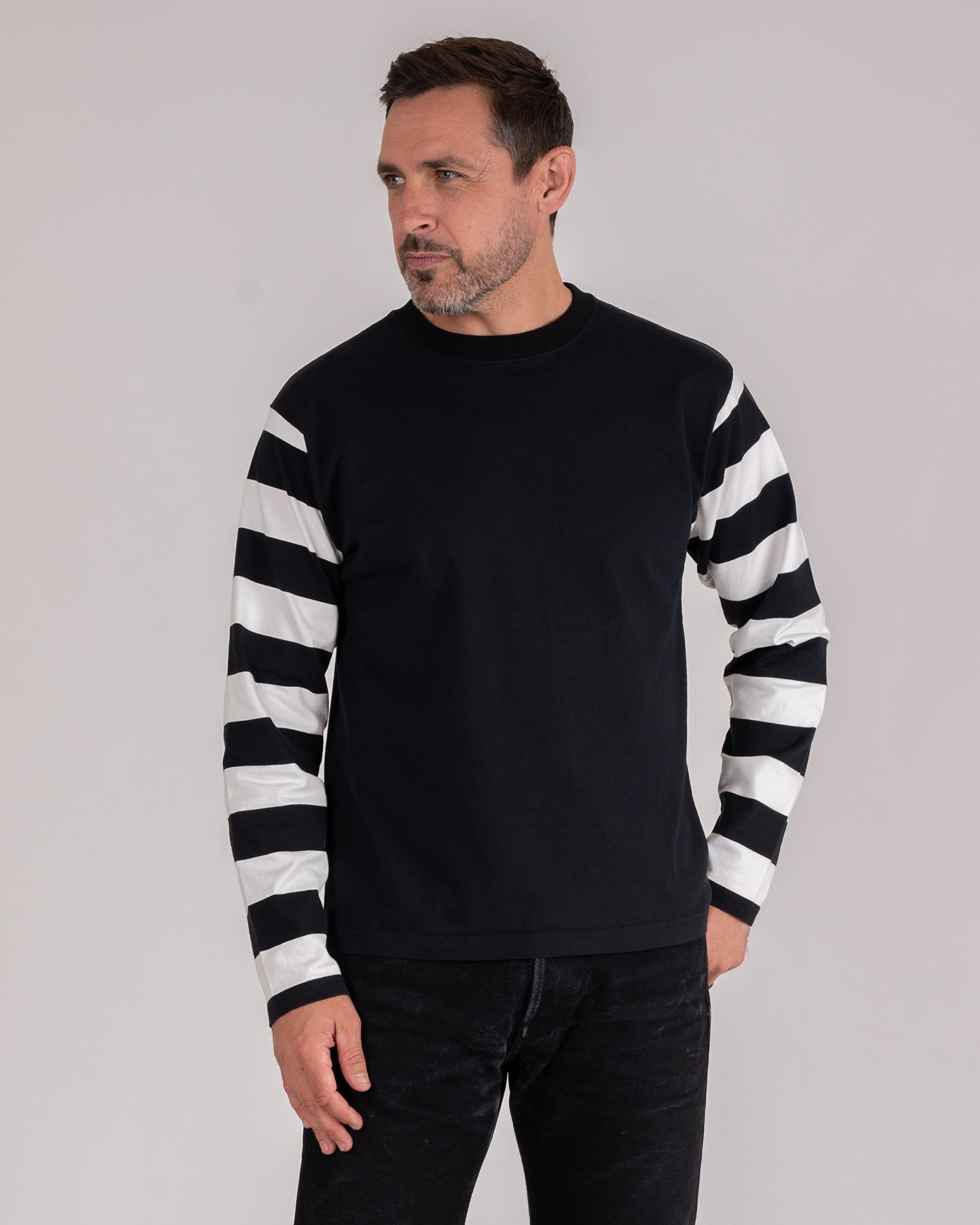 IHTB-11-BLK 7.5oz Cotton Long-Sleeved Crew Neck Border Tee - Black Body with Striped Arms - 2