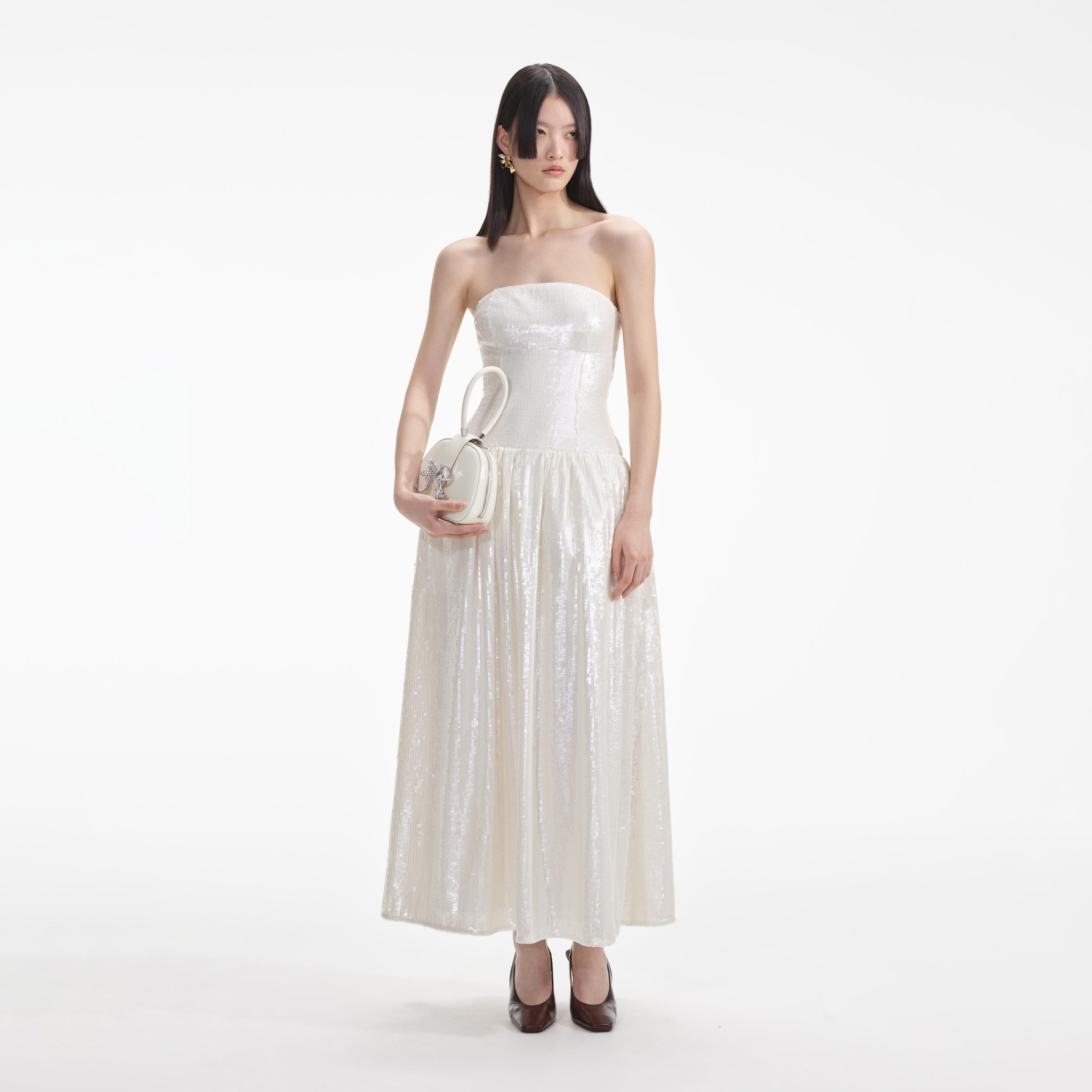 self-portrait Cream Sequin Bandeau Midi Dress - AW24-023MA-C | REVERSIBLE