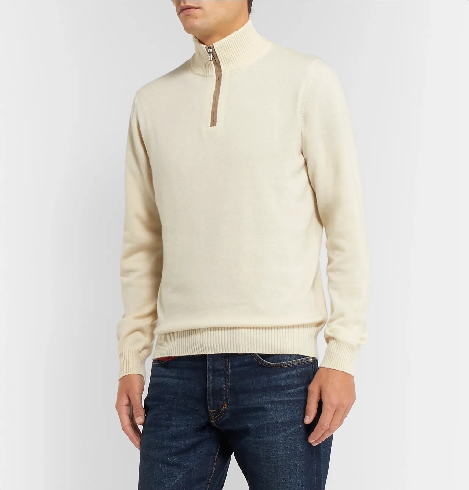 Suede-Trimmed Cashmere Half-Zip Sweater - 4