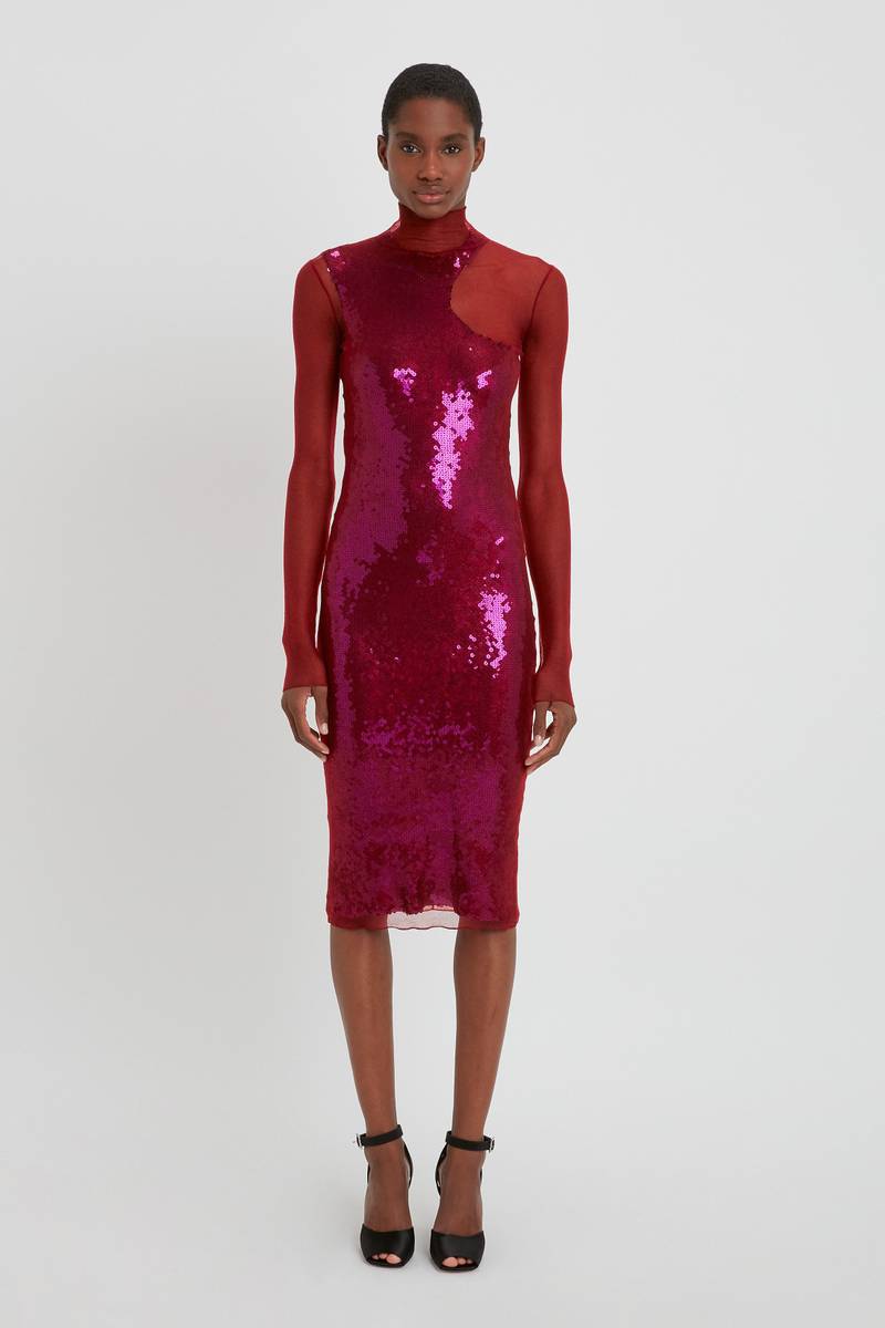 Victoria Beckham Knit Overlay Sequin Dress in Red-Purple - 1422WDR004184B |  REVERSIBLE