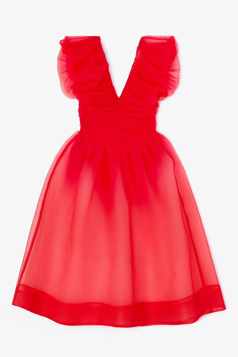 RED ORGANZA RUCHED DRESS 1