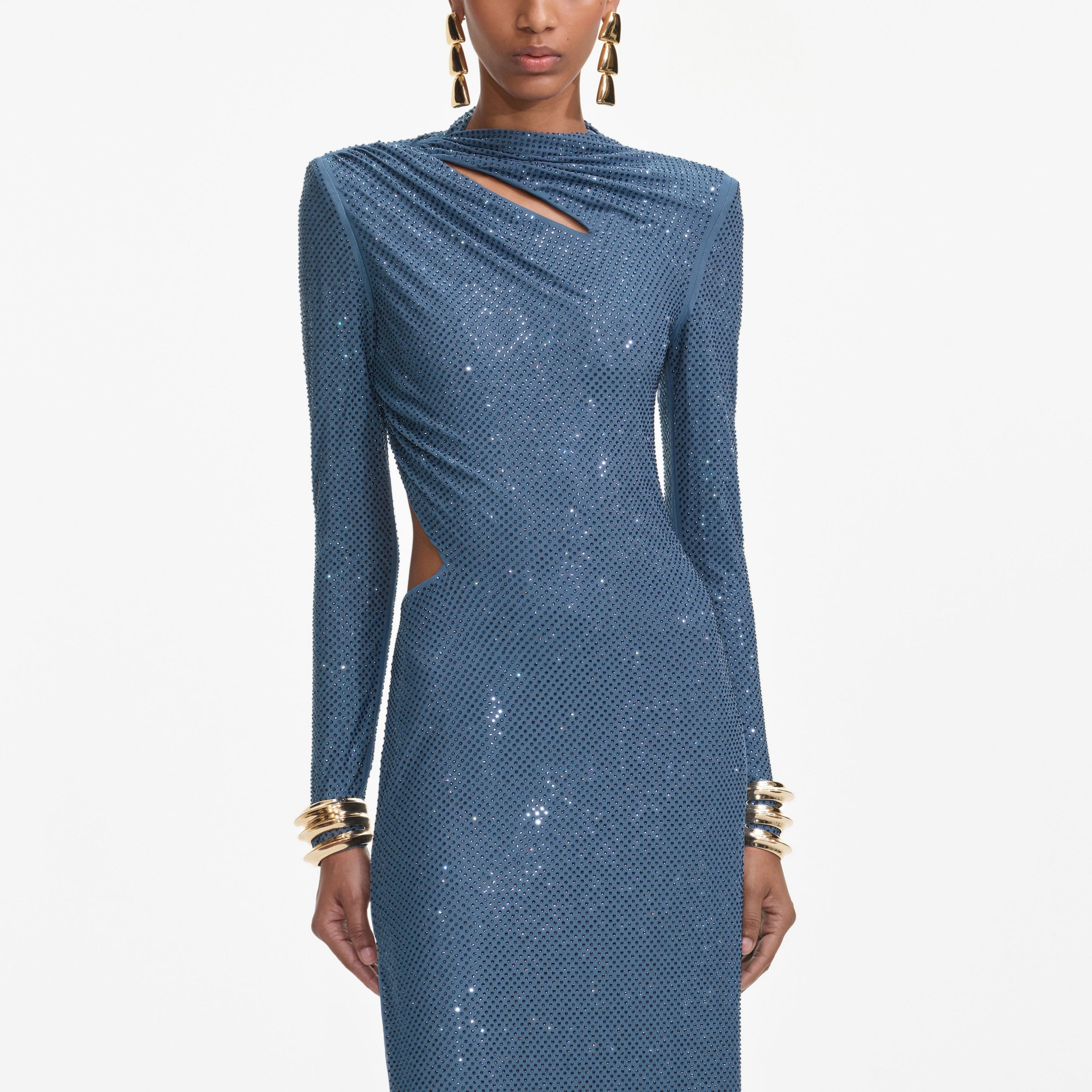 Blue Rhinestone Gathered Maxi Dress - 4