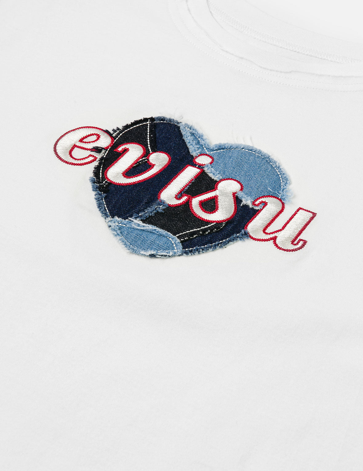 Denim Patchwork Heart and Logo Embroidery Drop Shoulder T-Shirt - 5