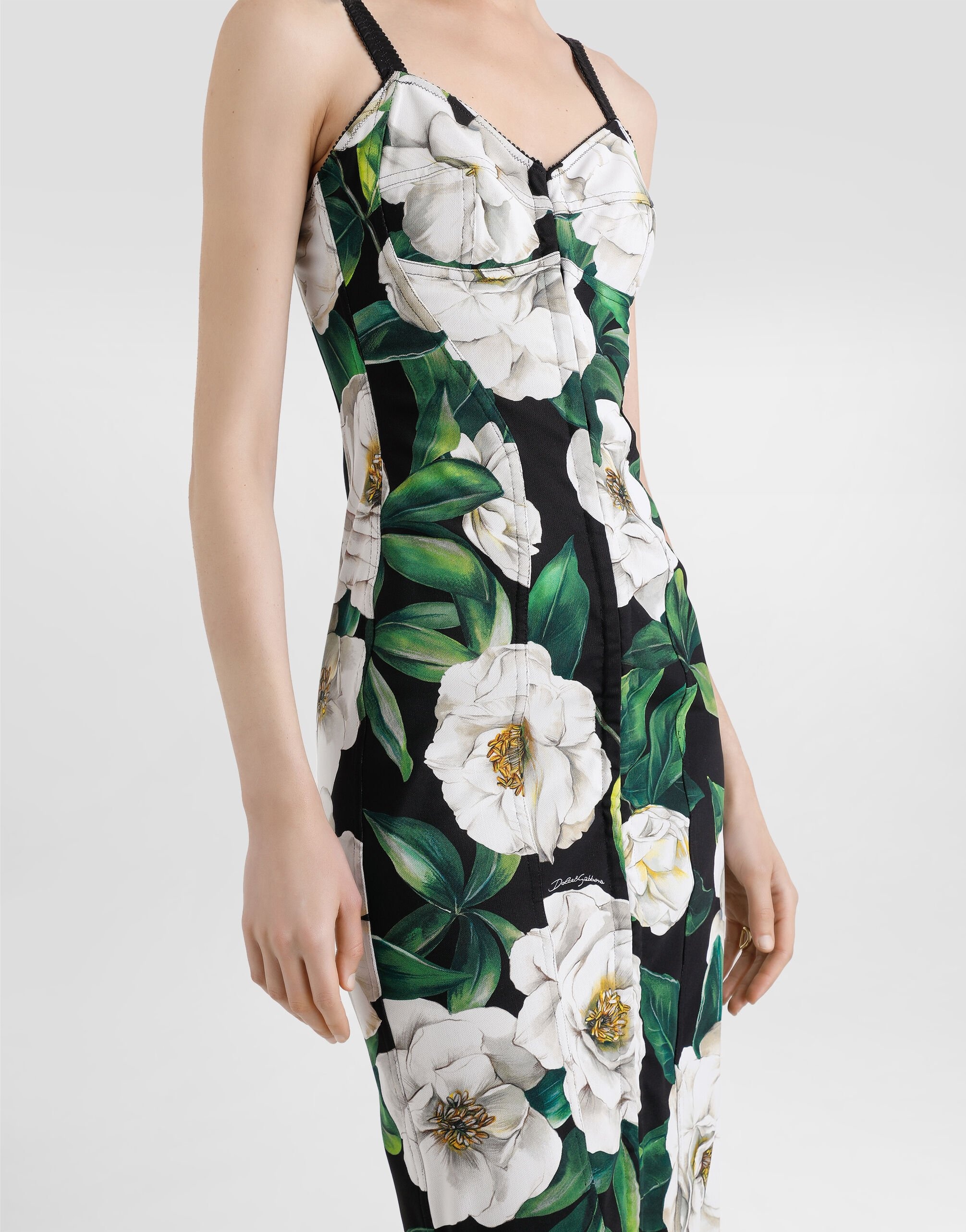 Stretch marquisette midi dress with gardenia print - 5