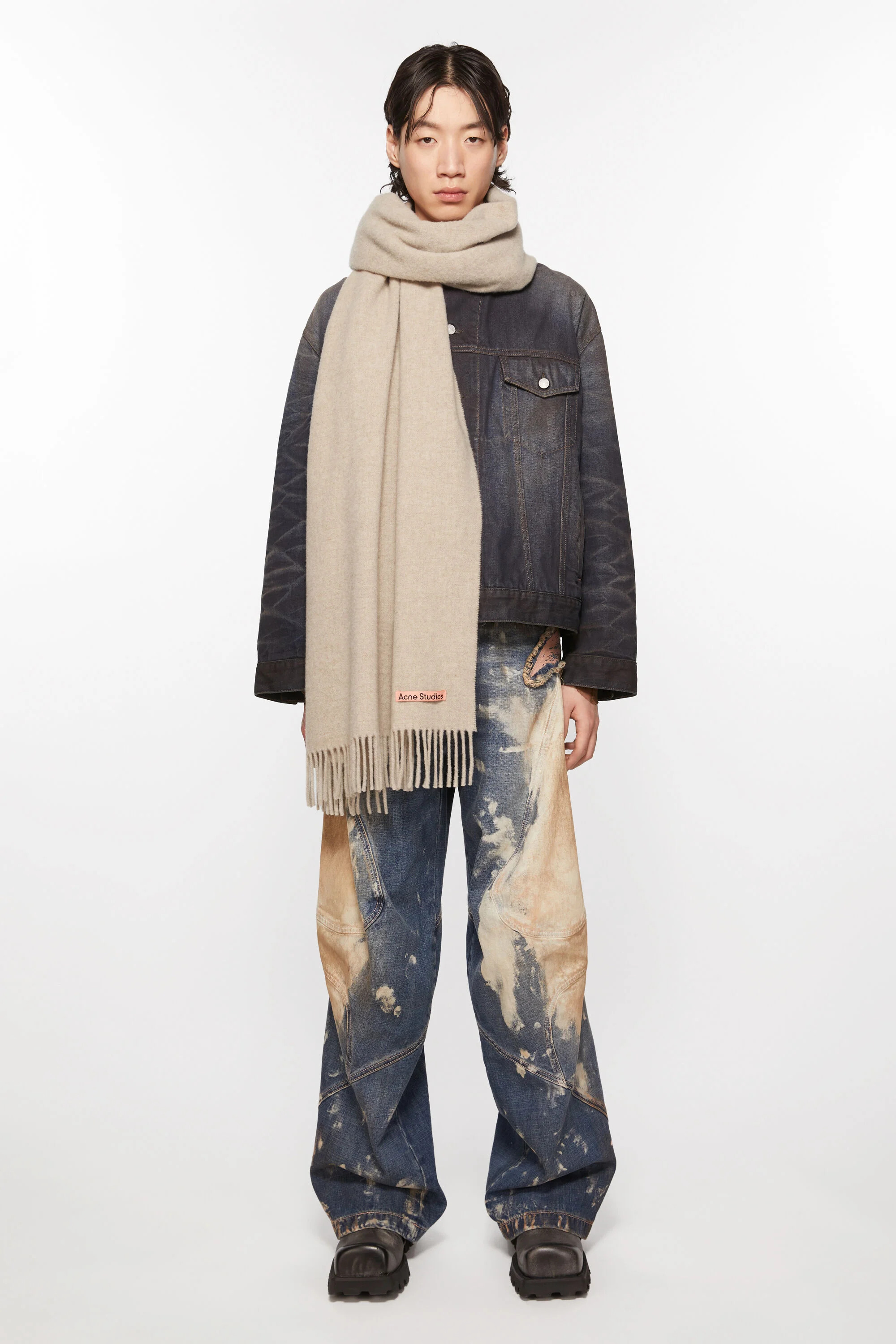 Fringe wool scarf - oversized - Oatmeal melange - 3