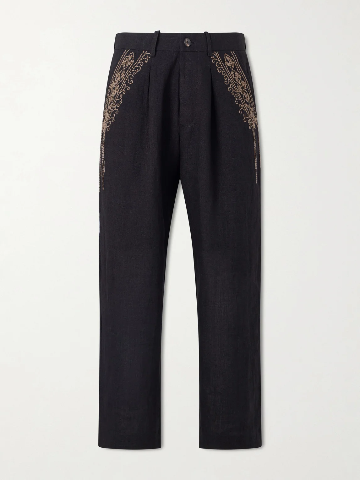 Straight-Leg Zardozi Embroidered Pleated Linen Trousers - 1