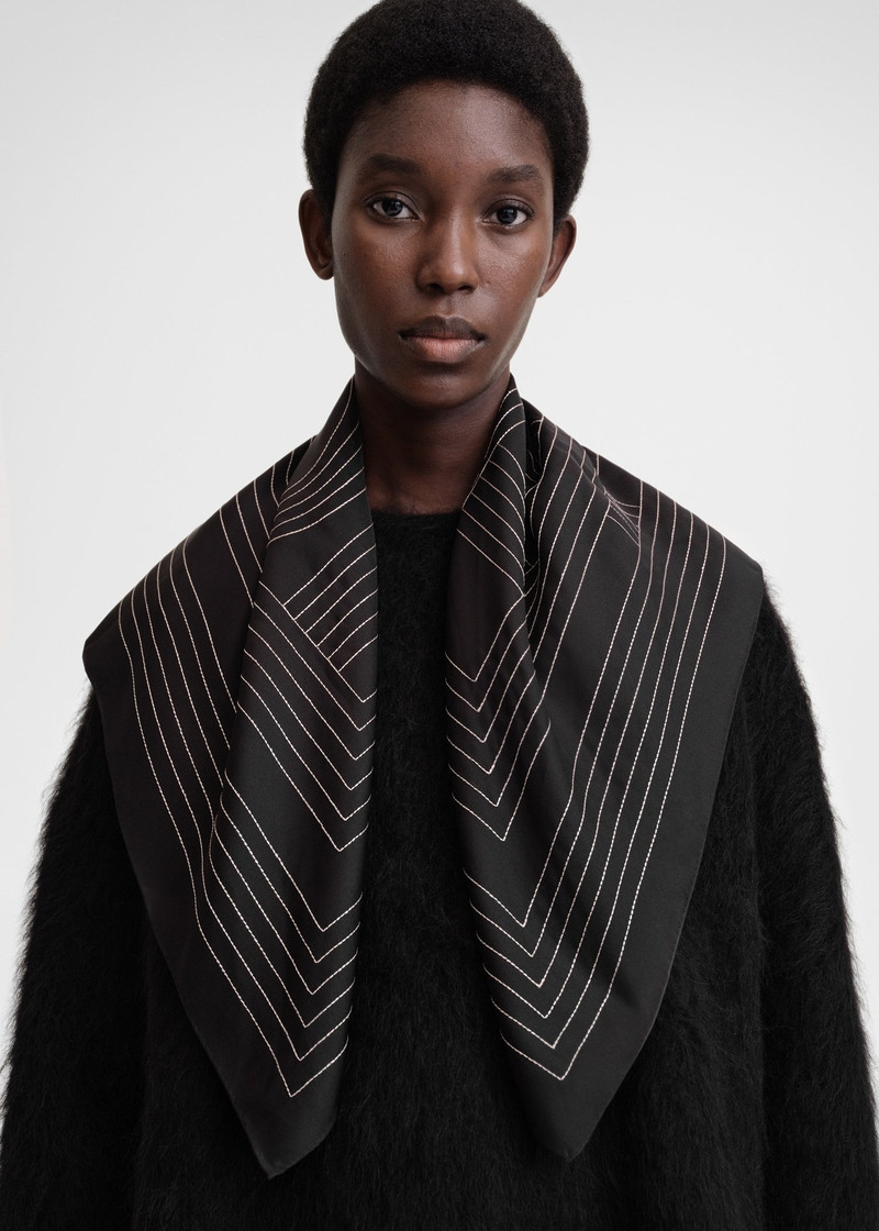 Striped embroidered monogram silk scarf black 1