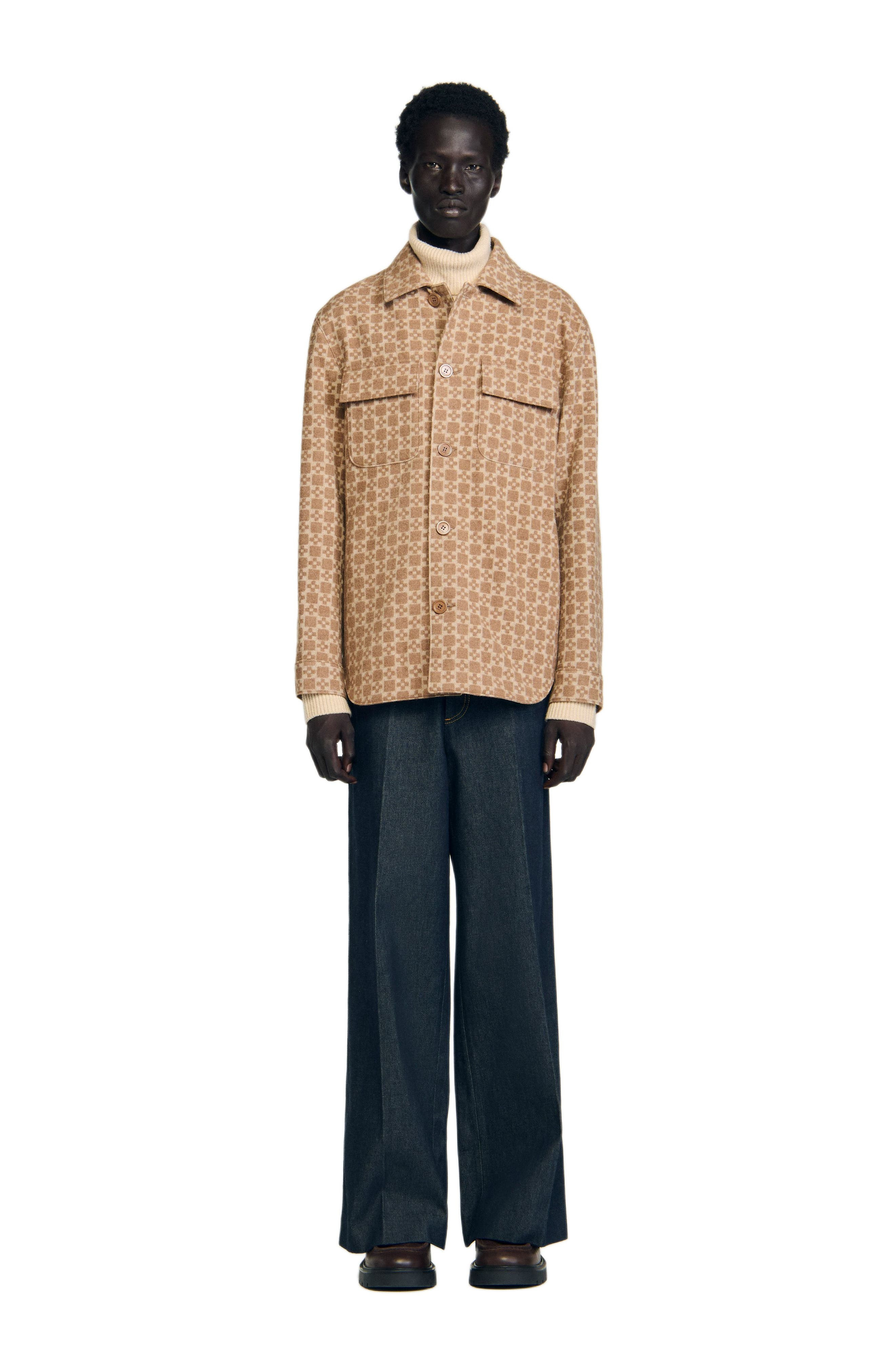 SANDRO Square Cross jacquard overshirt in Camel at Nordstrom - 3