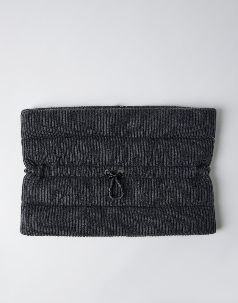 Cashmere English rib knit neck warmer with down padding, zipper and shiny trim 1