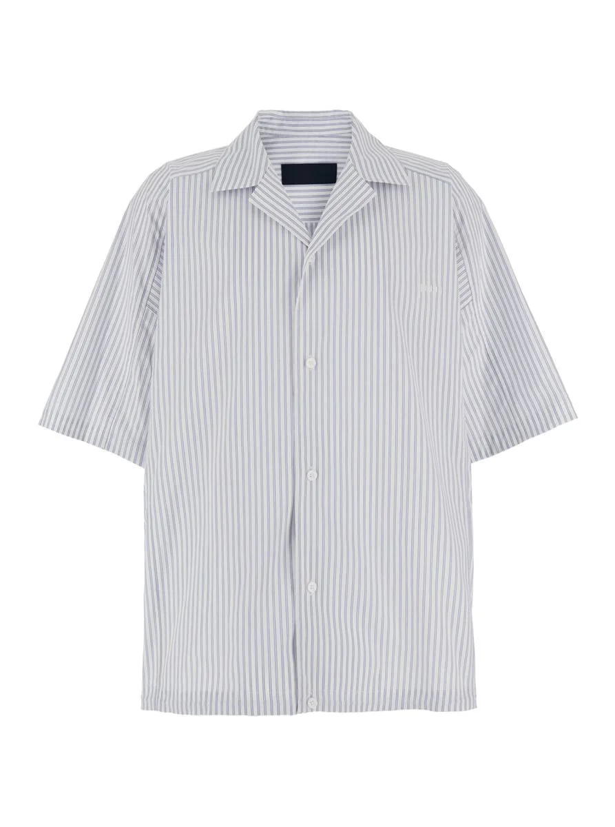 Juun.J Blue Bowling Shirt With Cuban Collar And All-Over Striped Motif In Cotton Blend Man - 1