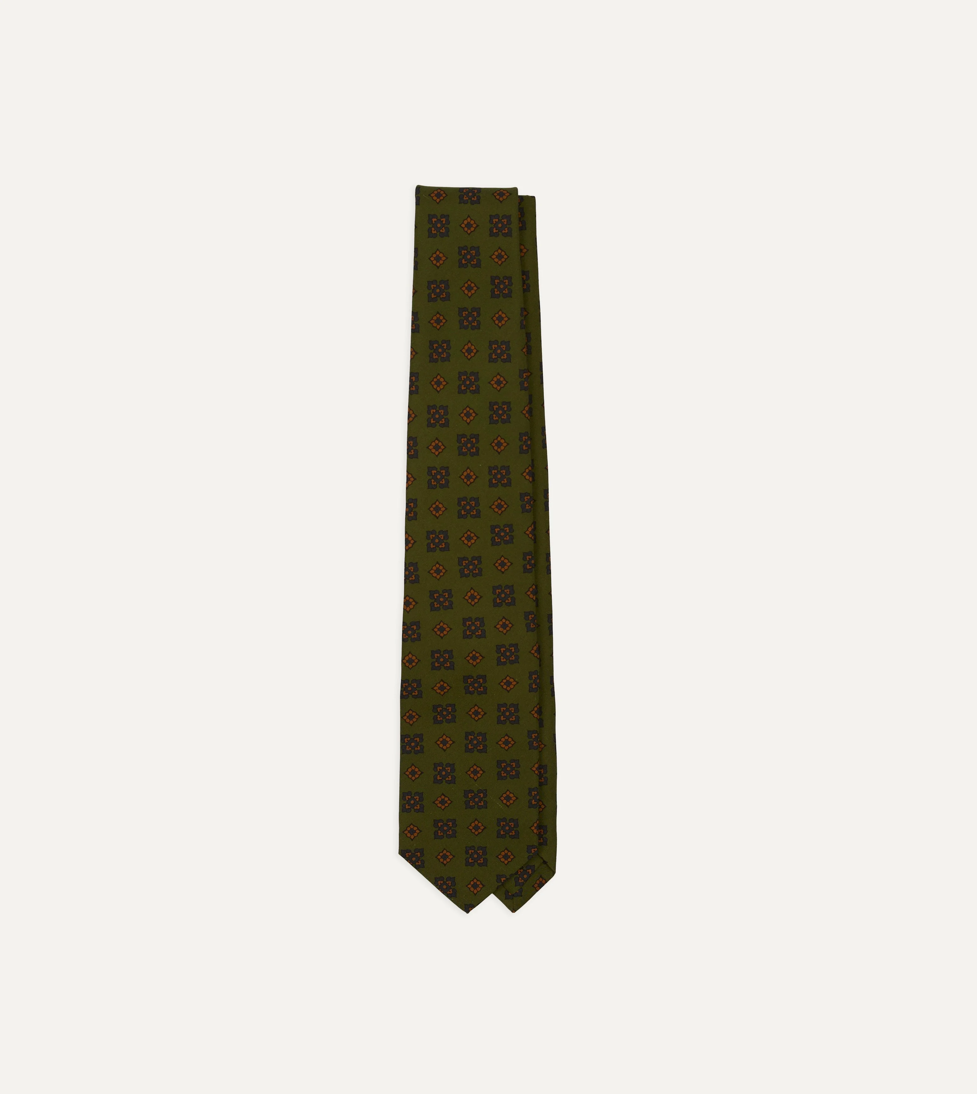 Green Flower Medallion Print Silk Self-Tipped Tie - 1