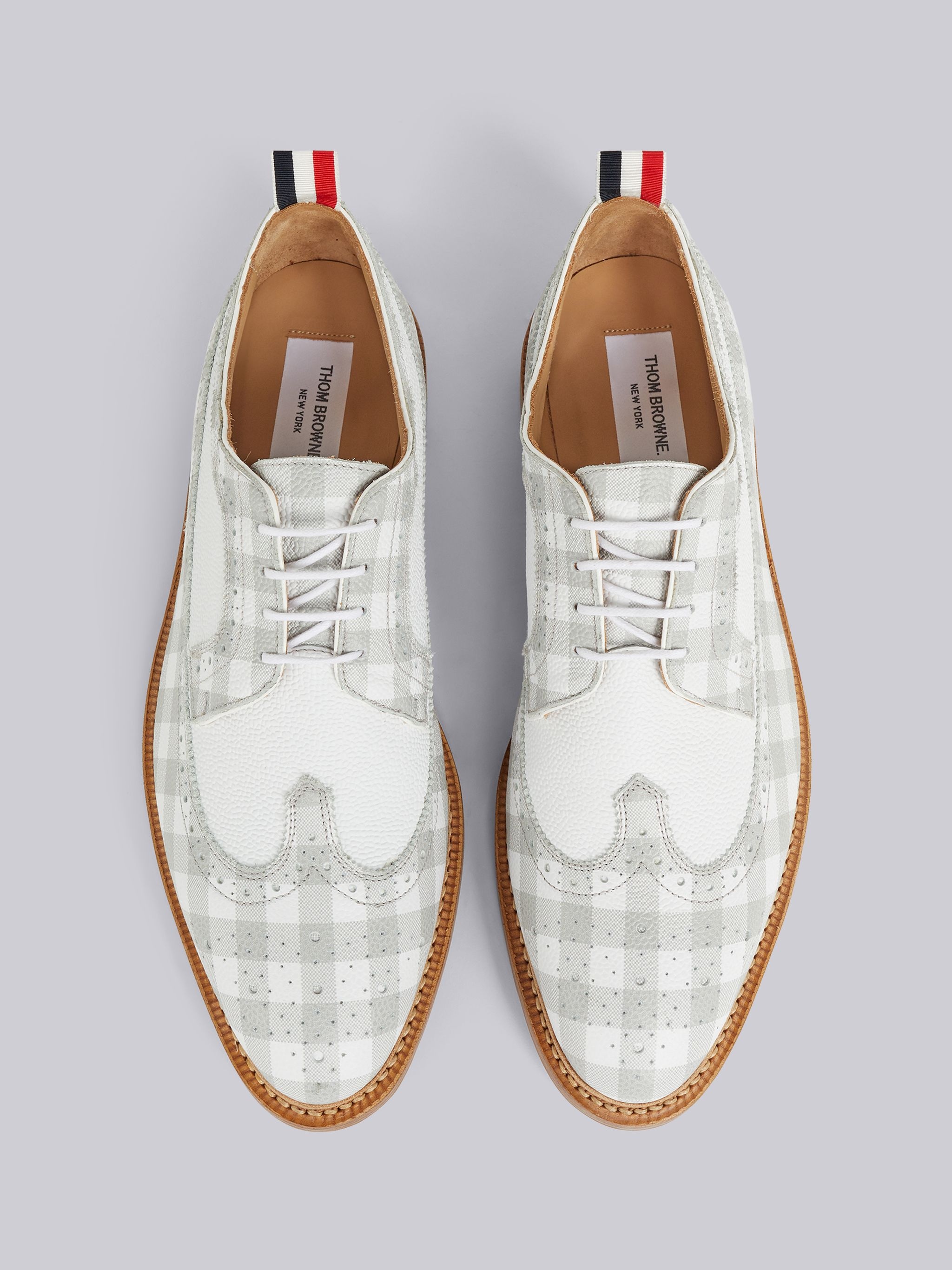 Grey Pebbled Calfskin Gingham Print Longwing Spectator Brogue - 4