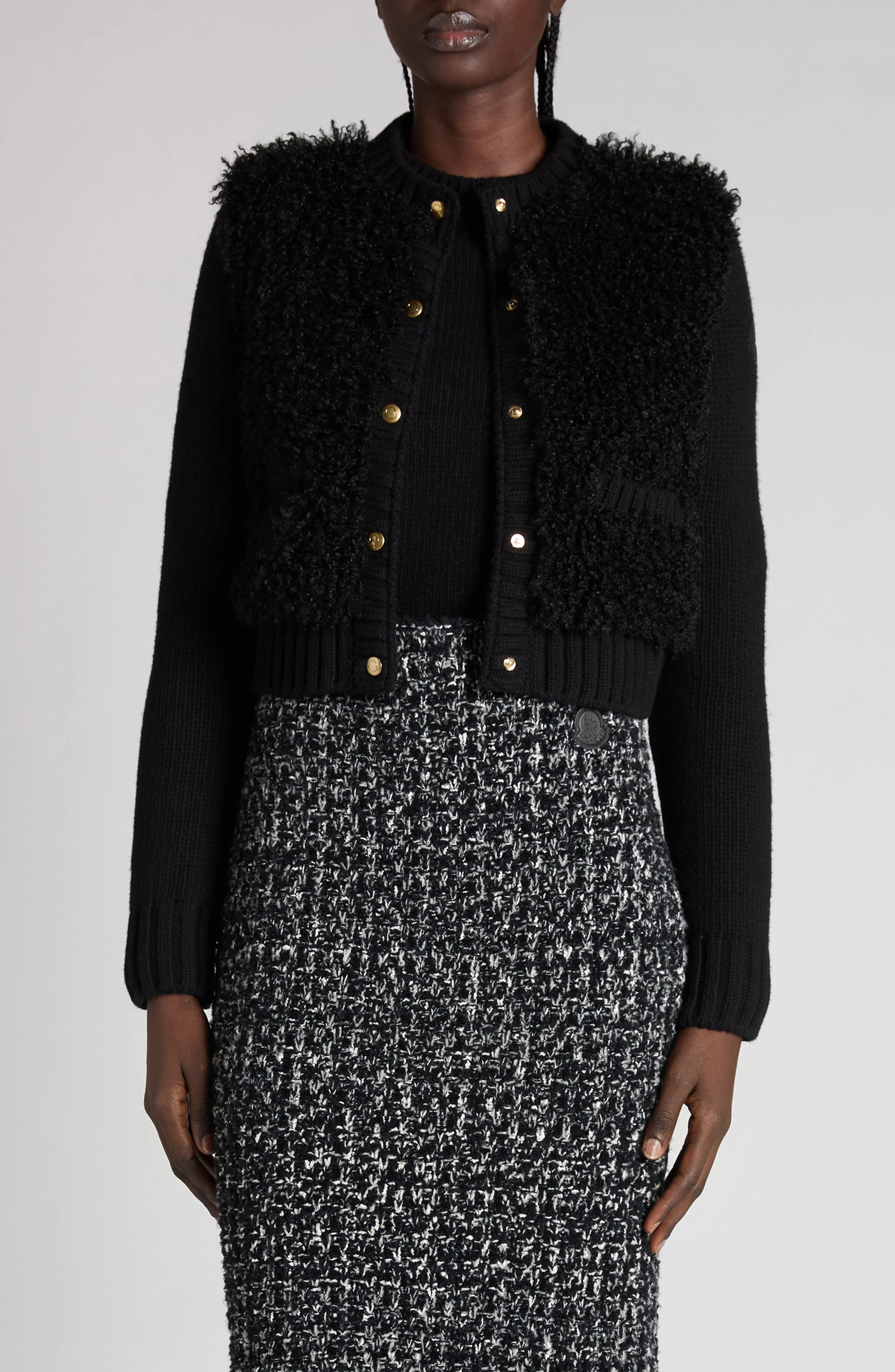 Moncler Faux Shearling & Quilted Down Cardigan in Black at Nordstrom - 1