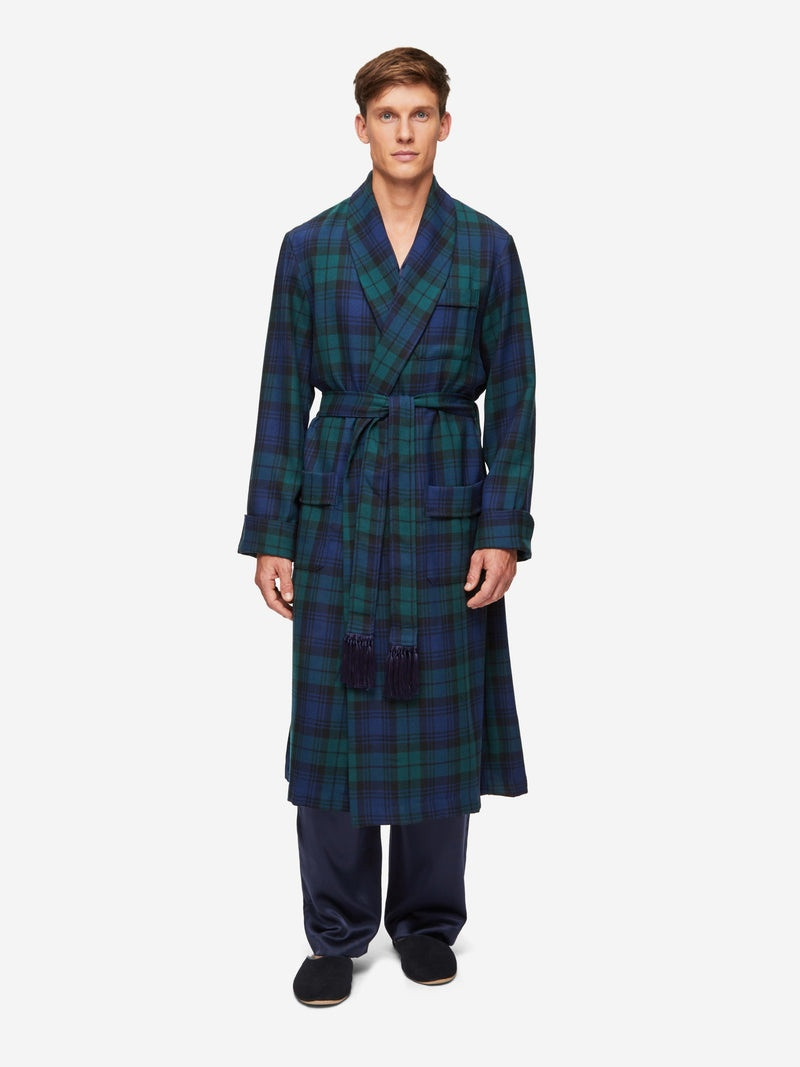 Derek Rose Men's Dressing Gown Tartan Black Watch Wool Navy outlook