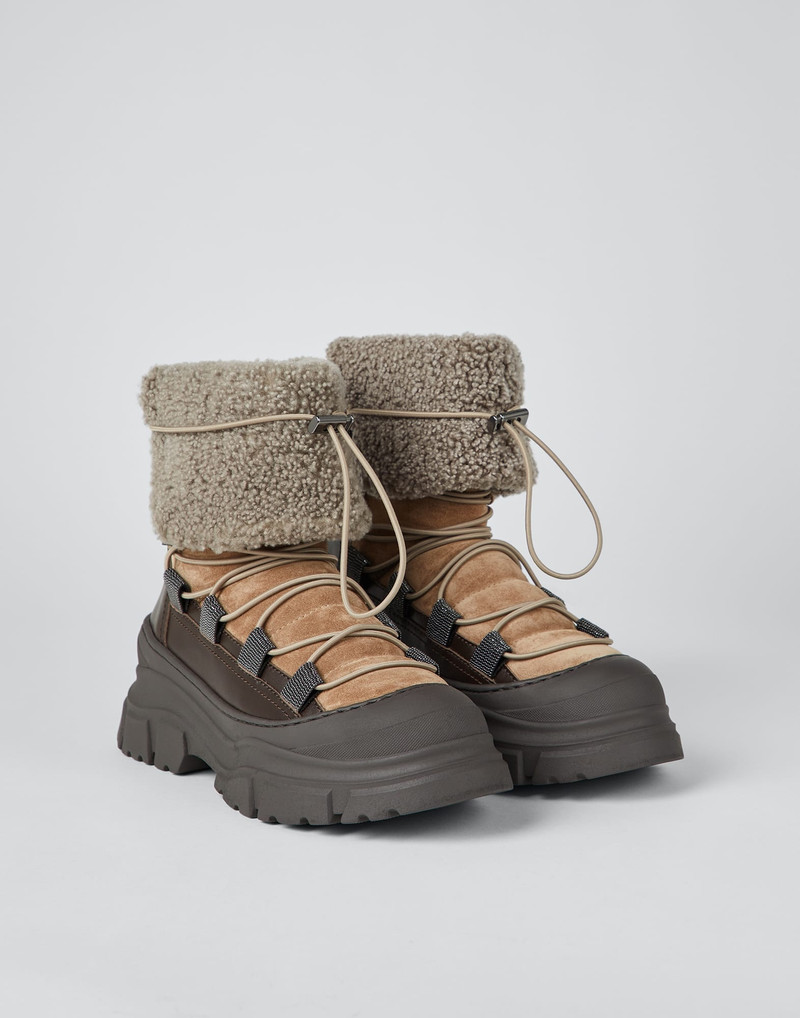 Suede, calfskin and curly shearling boots with monili 1