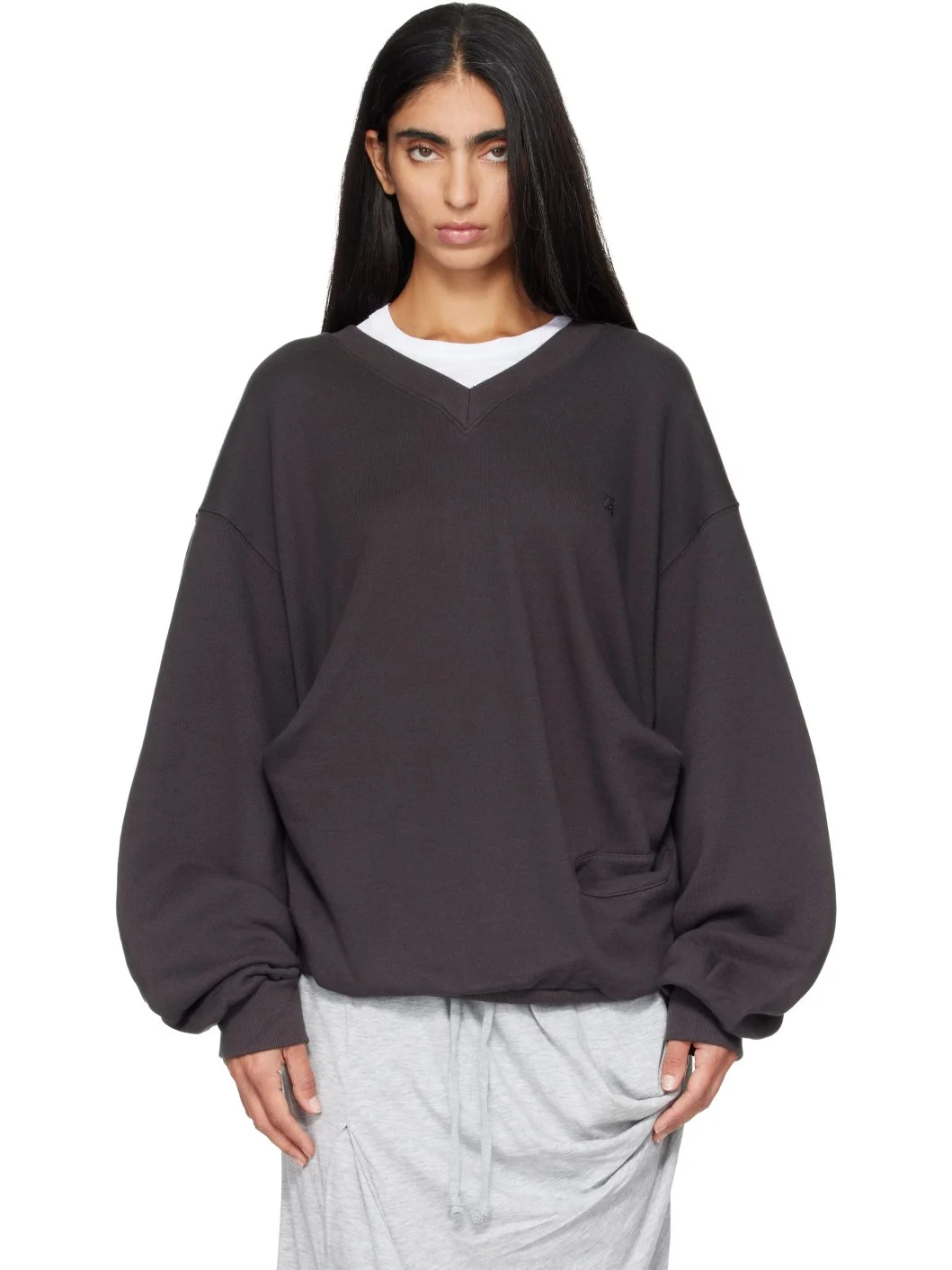 Gray Slouchy V-Neck Sweatshirt - 1