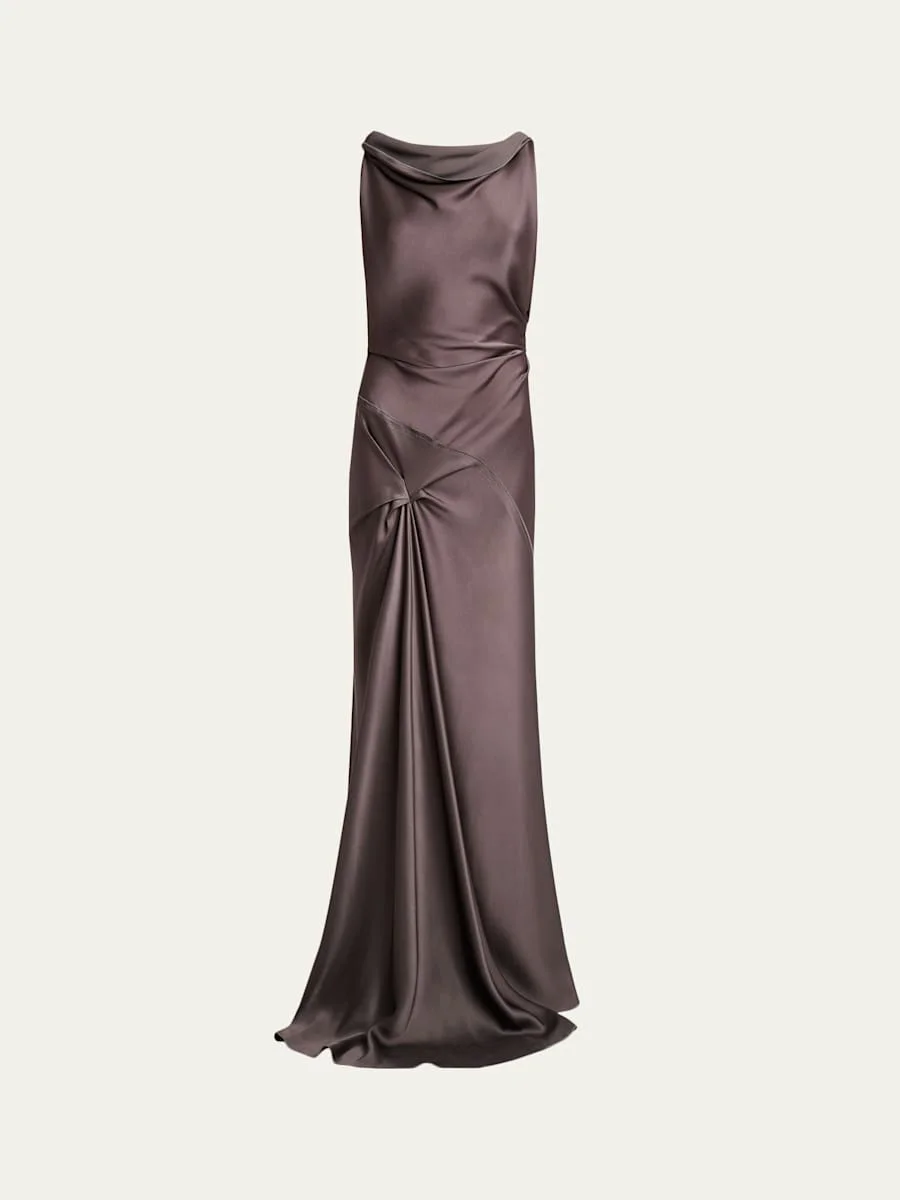Asymmetric Draped Sleeveless Satin Midi Dress - 1