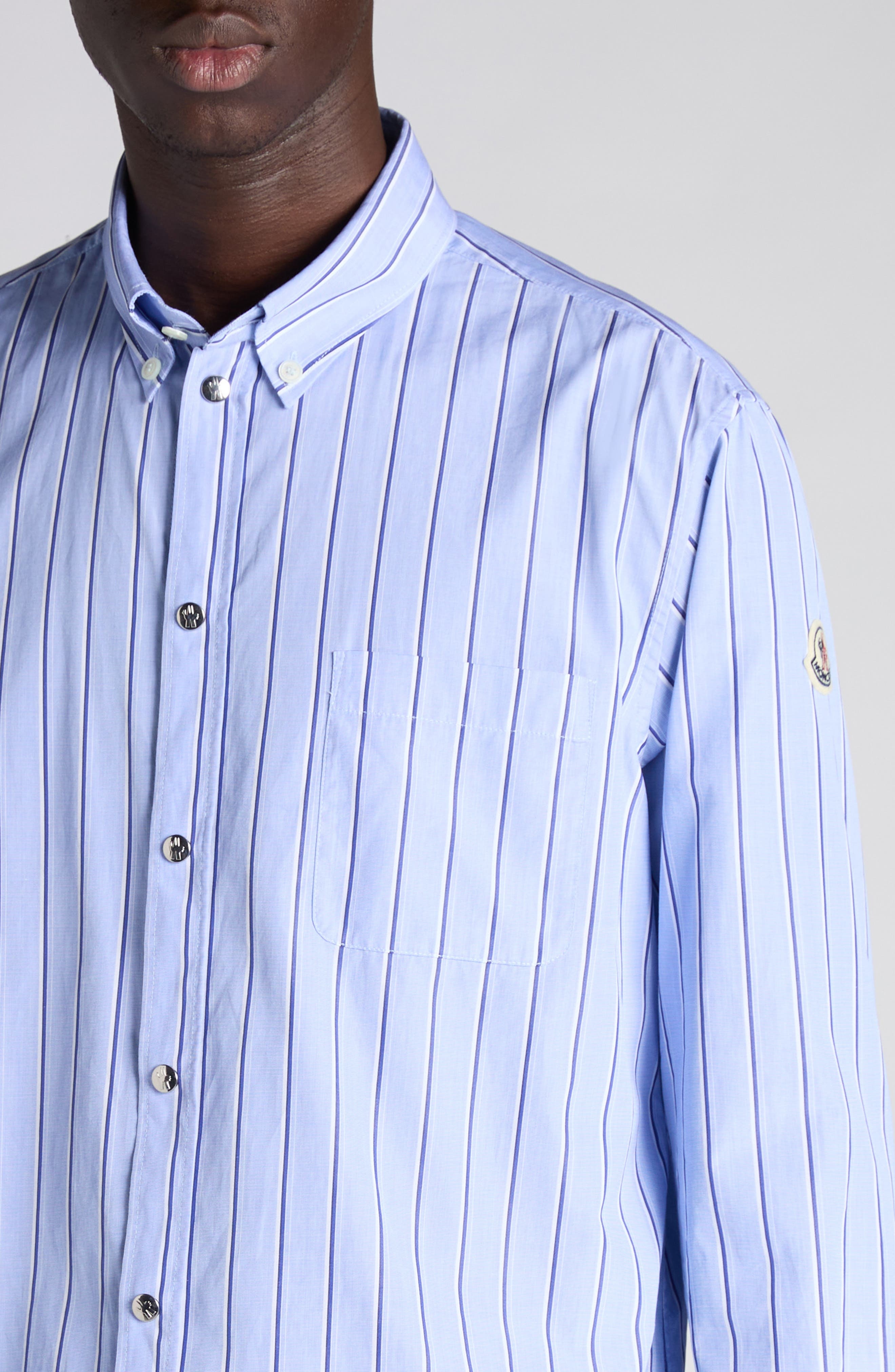 Moncler Logo Patch Stripe Cotton Poplin Button-Down Shirt in Light Blue at Nordstrom - 5