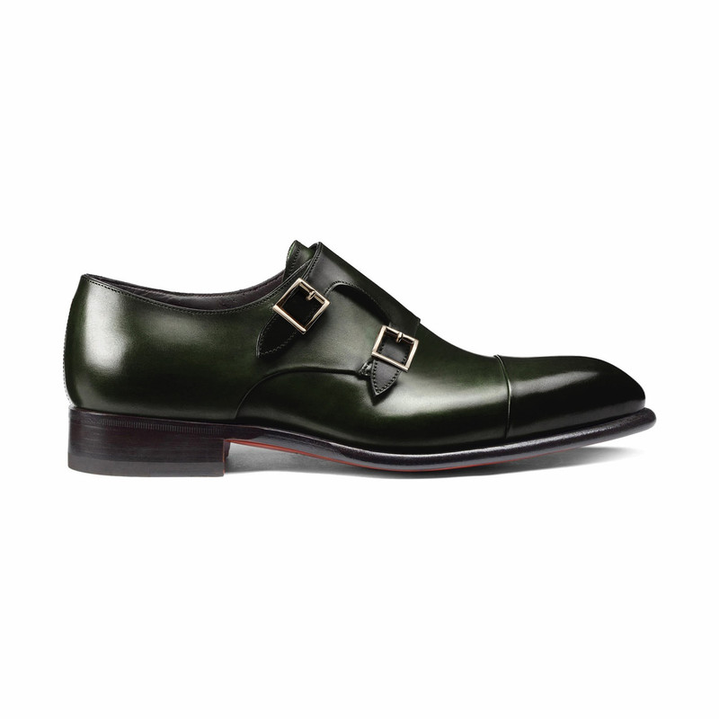 Santoni Men's green leather double-buckle shoe outlook