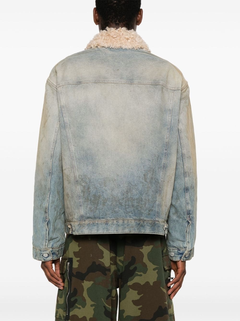 shearling-collar distressed denim jacket - 5