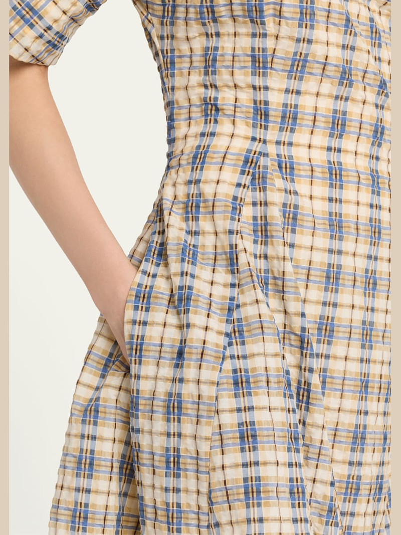Bowery Off-The-Shoulder Check Seersucker Asymmetric Dress 5