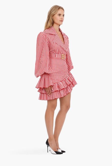 Short red and white gingham print asymmetrical high-waisted skirt - 7
