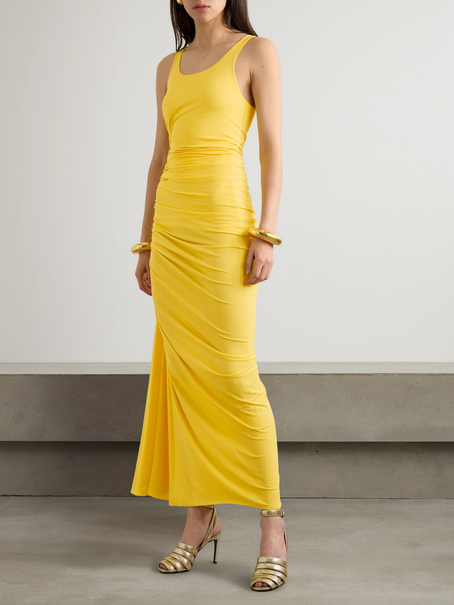 Gathered stretch-jersey midi dress Yellow - 2