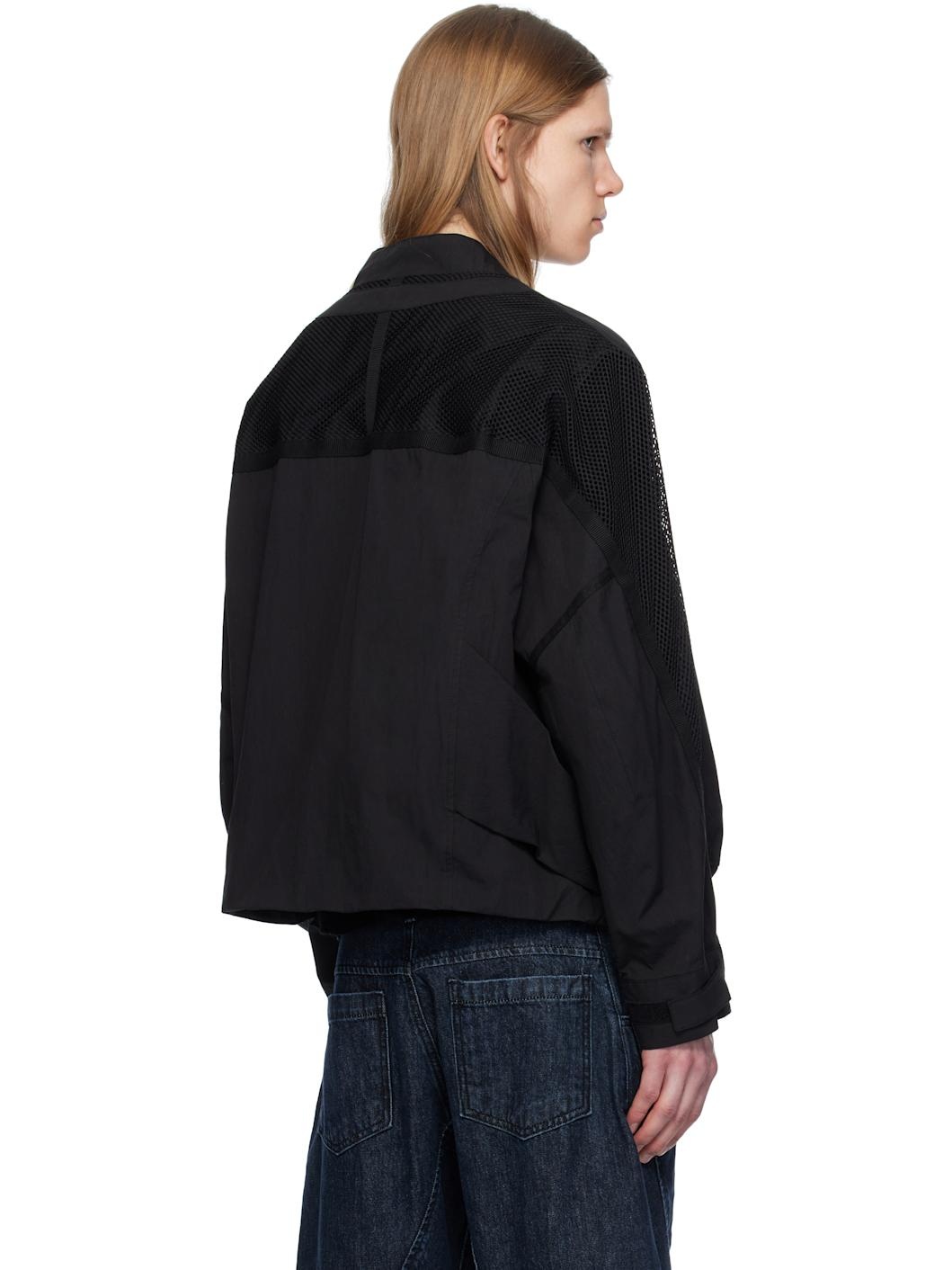 Black Draped Pocket Mesh Sleeve Bomber Jacket - 3