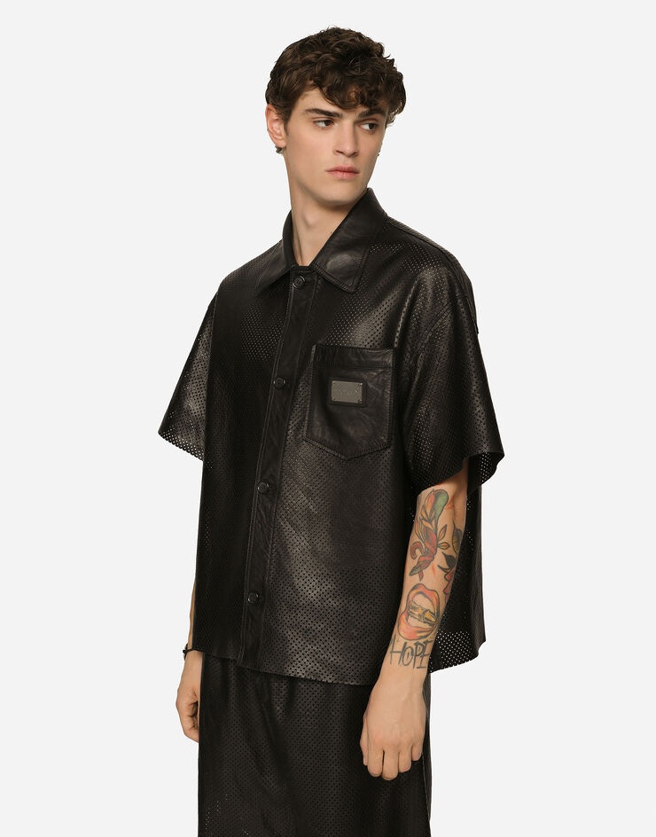 Openwork leather shirt with brand plate - 4