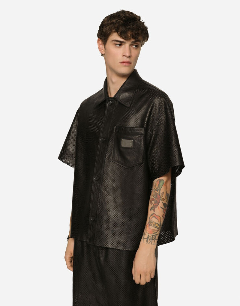 Openwork leather shirt with brand plate 4